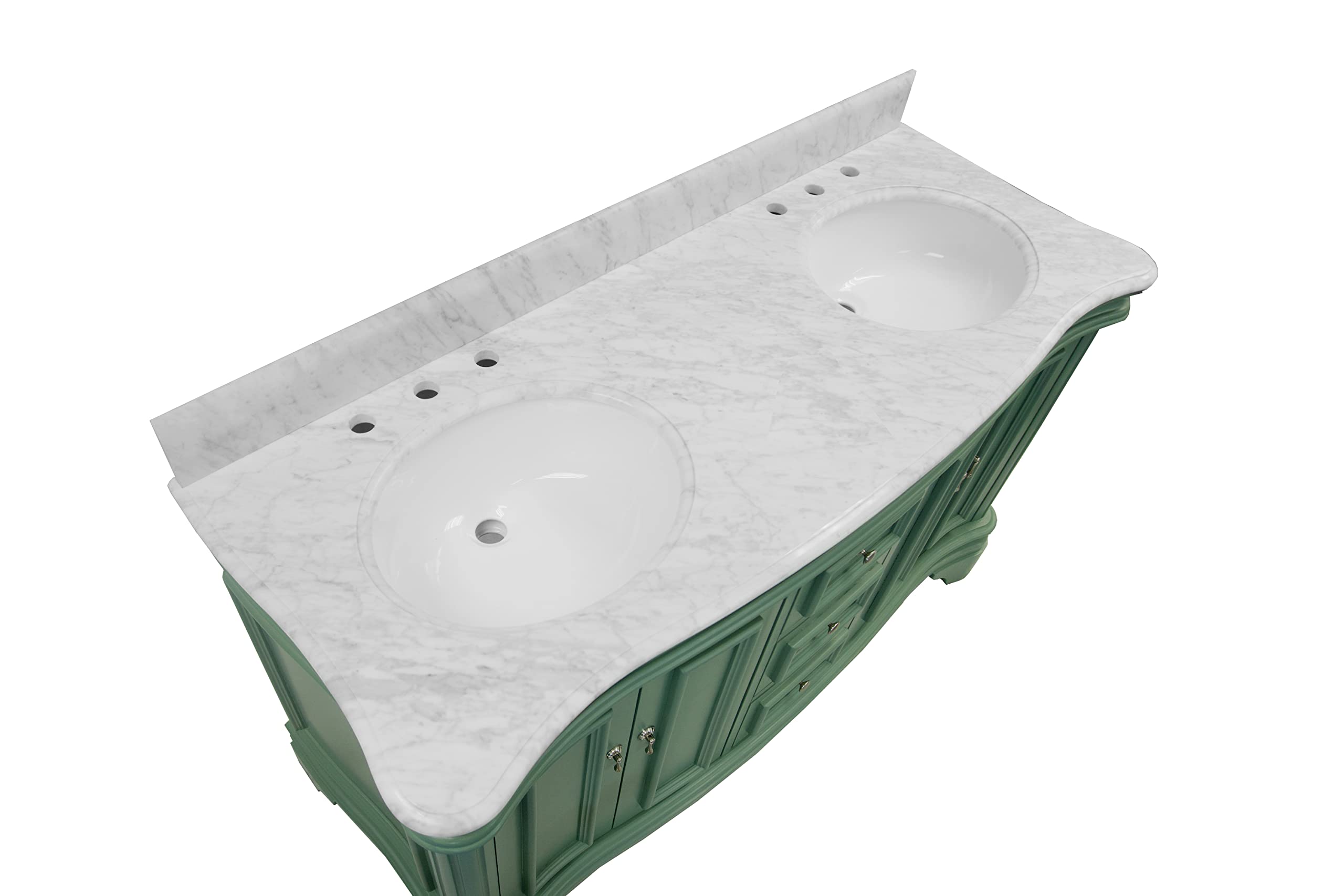 Katherine 60-inch Double Bathroom Vanity with Carrara Marble Top & Sage Green Cabinet - White Ceramic Sinks Included | Modern Bathroom Storage Solution for Master Bath & Guest Bath Renovation