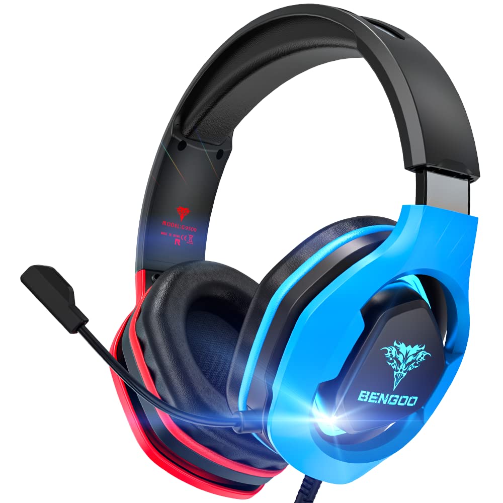 BENGOO G9500 Gaming Headset with Noise Cancelling Mic - Wired Over-Ear Headphones for PS5, PS4, Xbox One, PC, Nintendo Switch - RGB LED Lights & Memory Foam Earmuffs for Pro Gaming & Online Chat