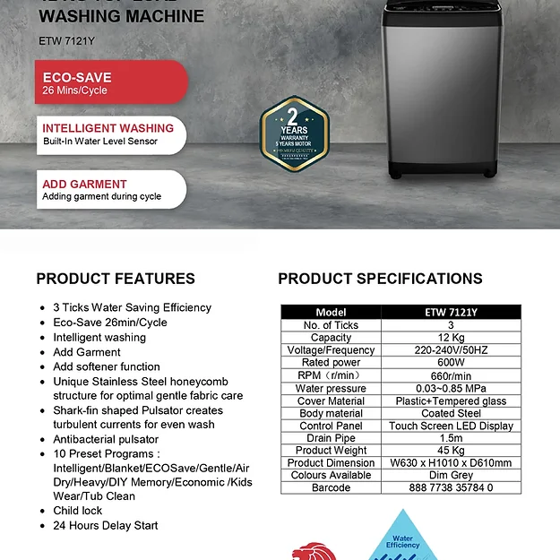 Europace ETW7121Y 12Kg Top Load Washing Machine - Large Capacity Laundry for Family Homes, Apartments & Dorms | Energy Efficient & Quiet Operation