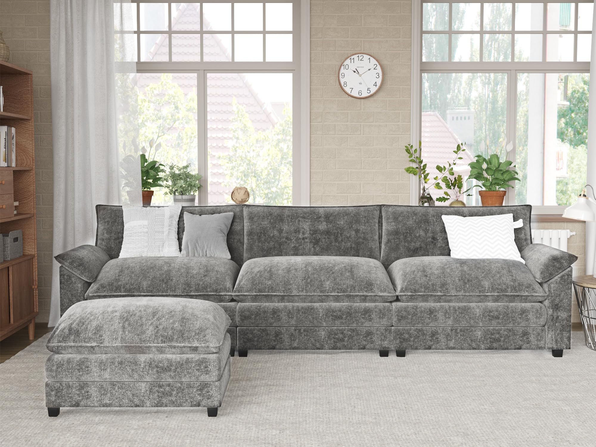 Furmax Modern L-Shaped Convertible Sofa Set with Ottoman - 4-Seat Modular Sectional Couch for Living Room & Apartment - Light Grey Fabric - Perfect for Small Spaces, Movie Nights & Family Gatherings