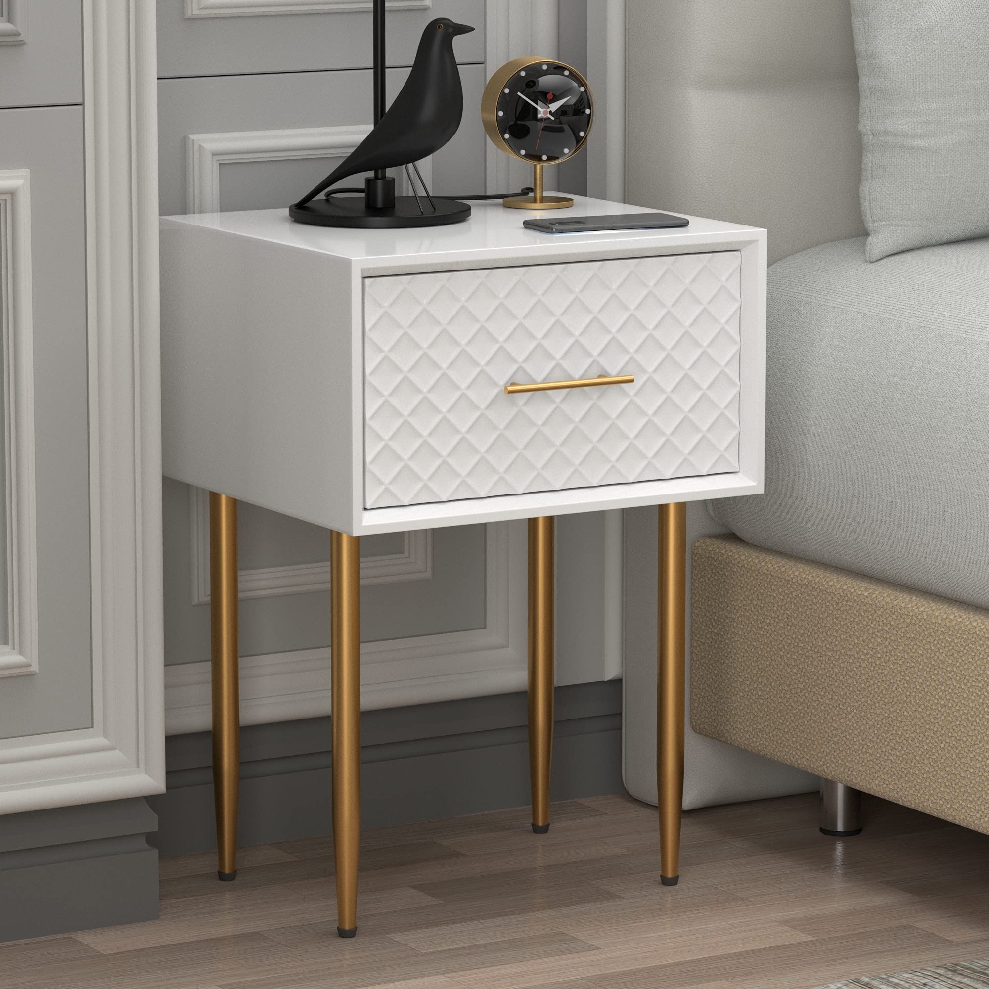 Modern White Nightstand with Waffle Pattern Drawer & Gold Legs - Diamond Pattern Side Table for Bedroom - Contemporary Retro-Inspired Raised Diamond Motif - Perfect for Small Spaces, Guest Rooms & Apartment Living