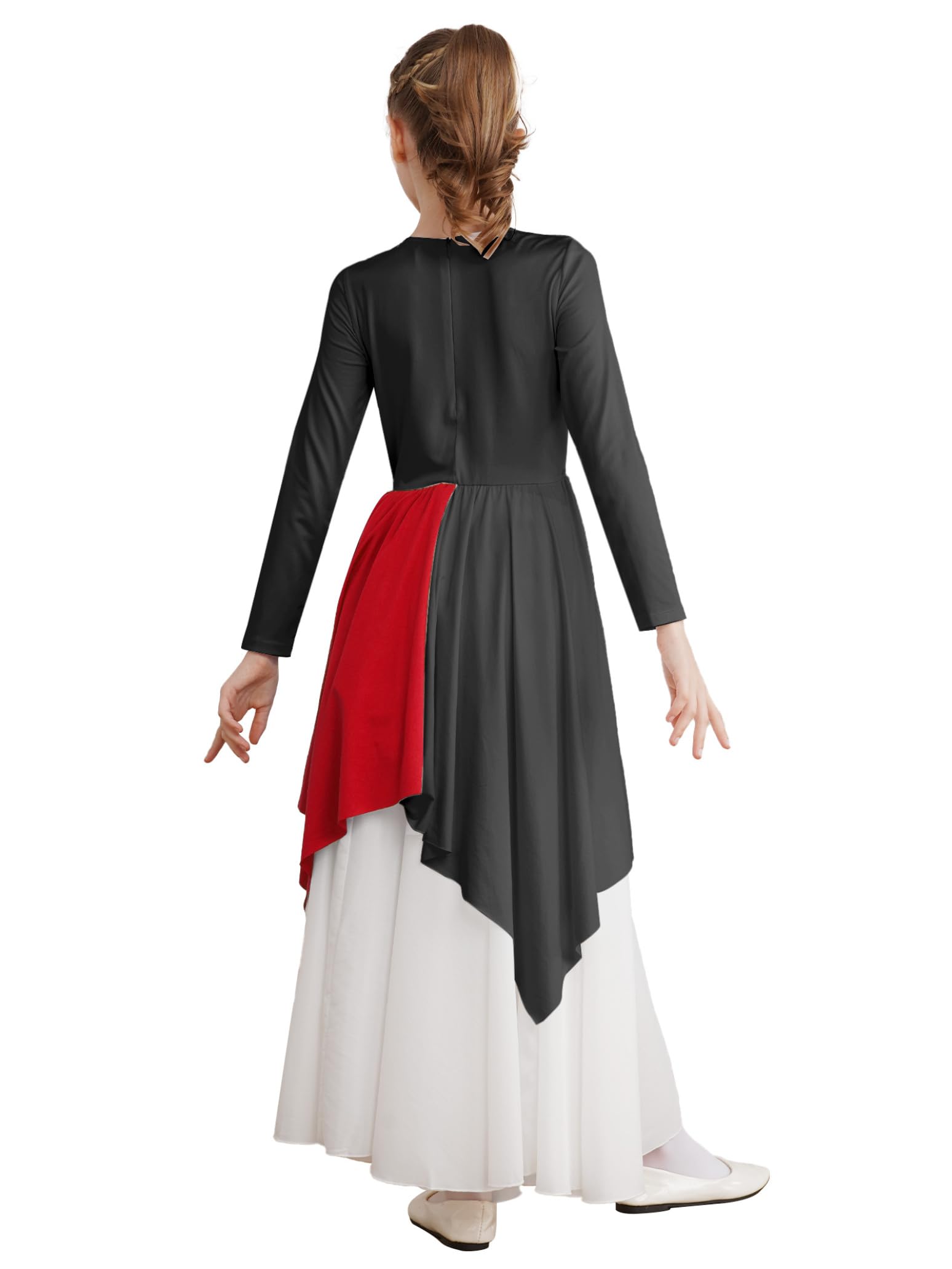 Girls Long Sleeve Metallic Praise Dance Dress - Liturgical Worship Costume with Asymmetrical Design for Church Performances & Religious Ceremonies