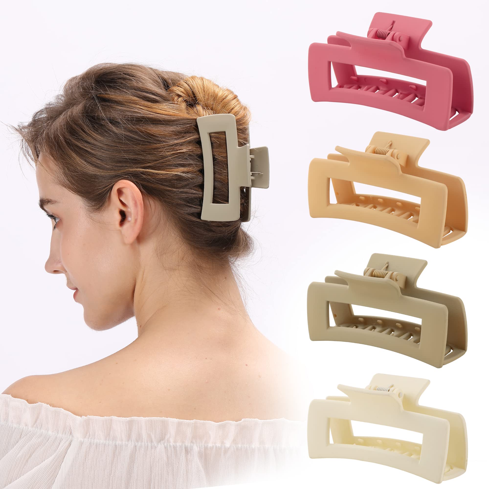 Women's Large Rectangular High Elasticity Claw Hair Clips 4PCS - Non-Slip Hair Claw Clips for Thin & Thick Hair - Fashion Hair Accessories for Women & Girls - Perfect for Work, School & Daily Styling