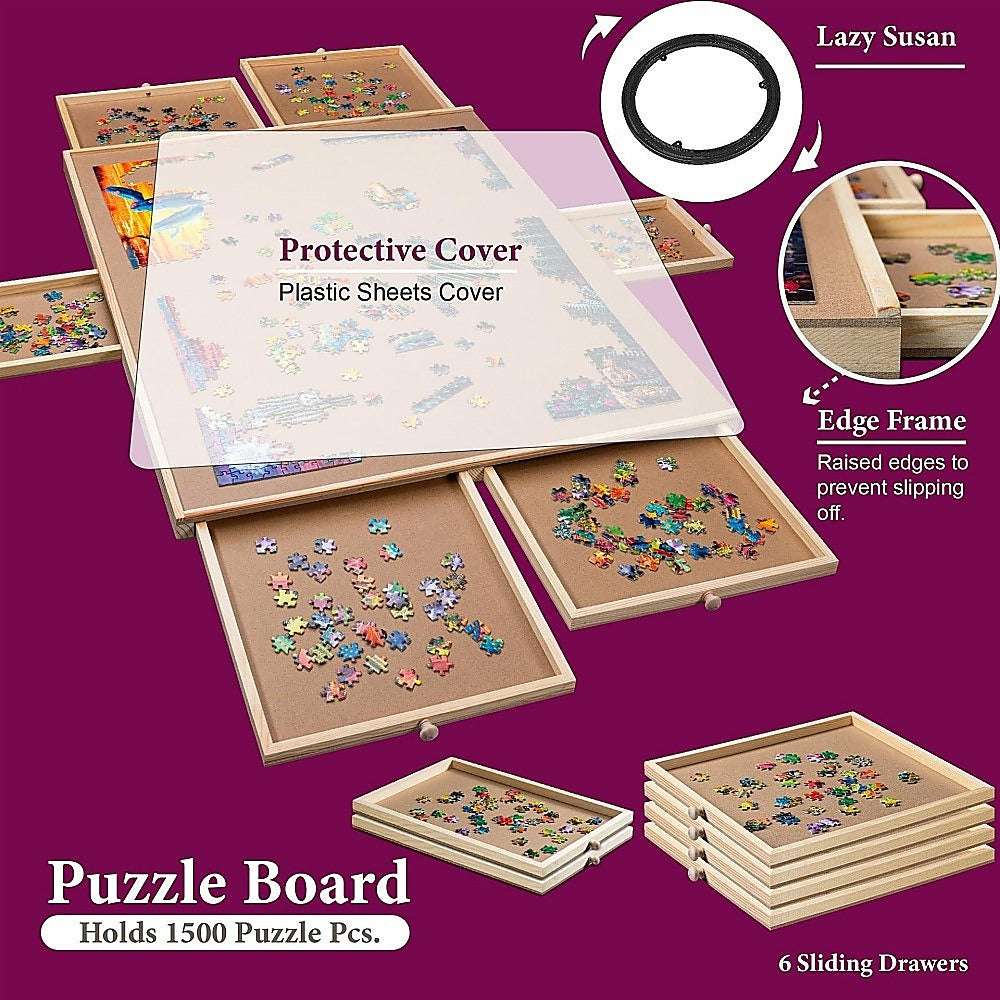 1500 Piece Rotating Wooden Jigsaw Puzzle Table with 6 Storage Drawers - Large Puzzle Board for Adults & Kids - Perfect for Family Game Night, Classroom Activities & Relaxation Therapy