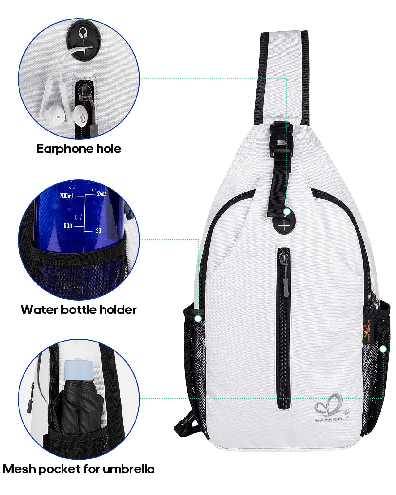 WATERFLY Crossbody Sling Backpack - Lightweight Travel Hiking Chest Bag for Men & Women - Perfect for Outdoor Adventures, Commuting and Daily Use