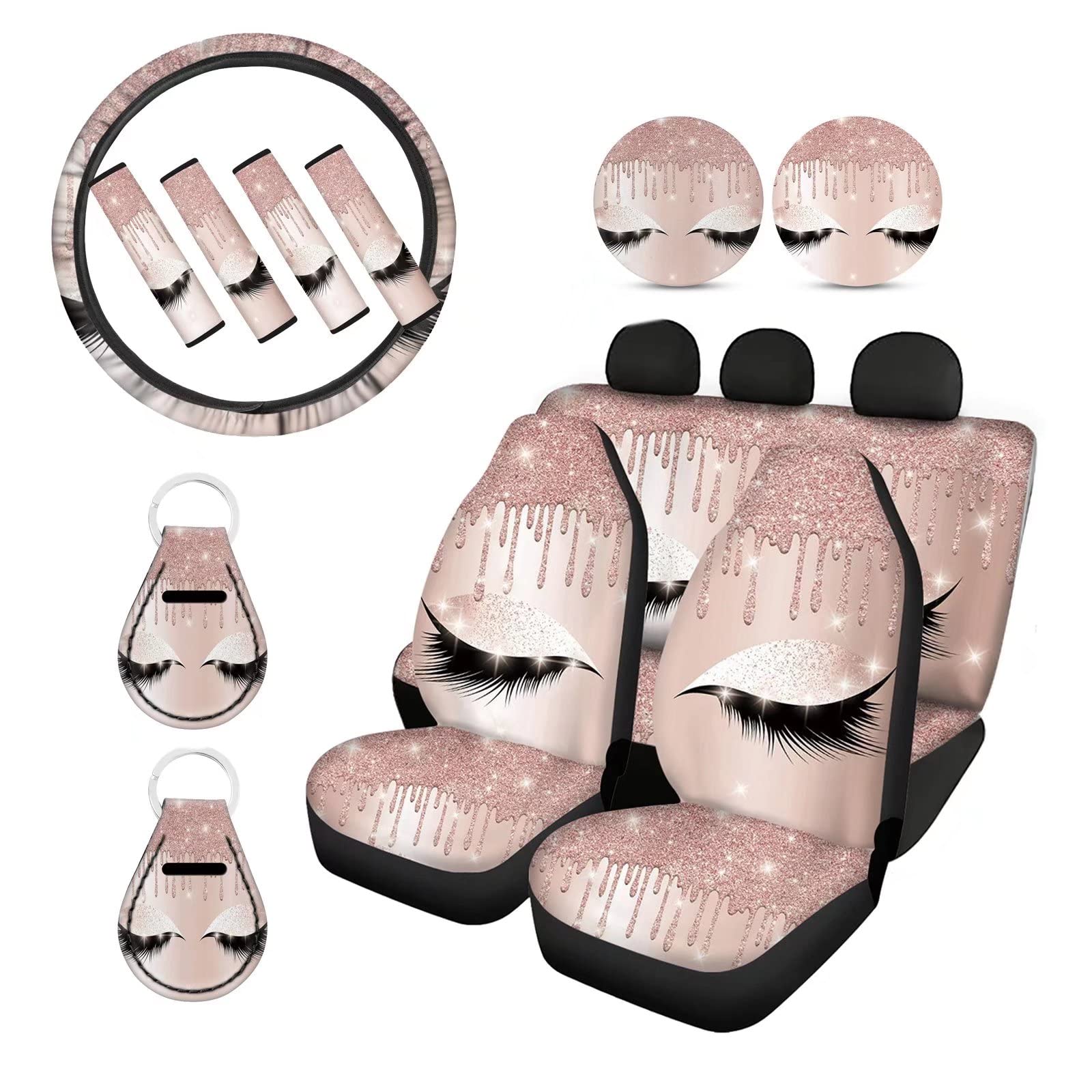 Pink Shining Eyes Print Car Seat Cover Set for Women - 13PCS Stylish Auto Accessories Combo with Steering Wheel Cover, Shoulder Pads, Coasters & Keychain | Perfect for Sedan, SUV & Gift Giving