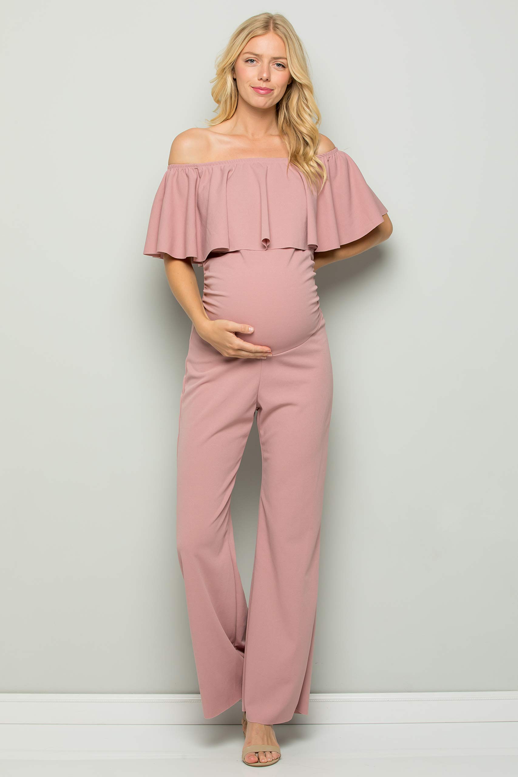 My Bump Maternity Ruffle Off Shoulder Jumpsuit - Made in USA | Stylish Pregnancy Outfit for Baby Showers, Maternity Photos & Special Occasions