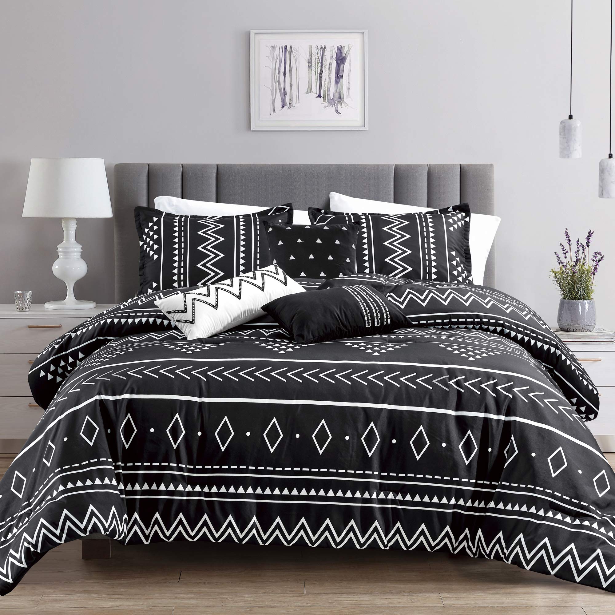 Luxury Aztec Comforter Set 6-Piece King Size - Soft Microfiber Bedding with Boho Black & White Patterns for Queen & King Beds - Perfect for Master Bedrooms, Guest Rooms & Bohemian Home Decor