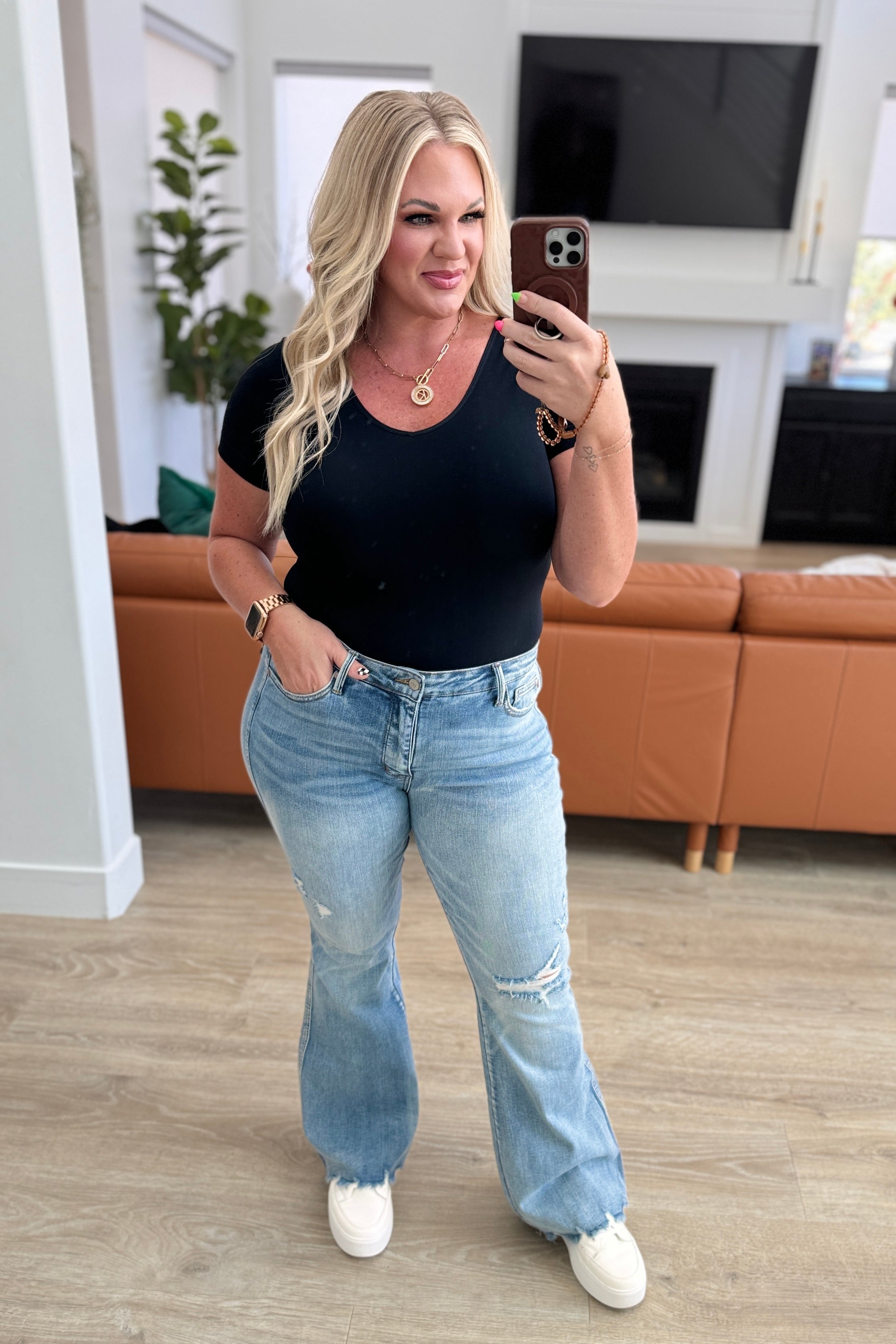 Caroline Mid Rise Control Top Distressed Flare Jeans for Women - Vintage Style Stretch Denim Pants with Tummy Control - Perfect for Casual Wear, Date Night & Office Outfits