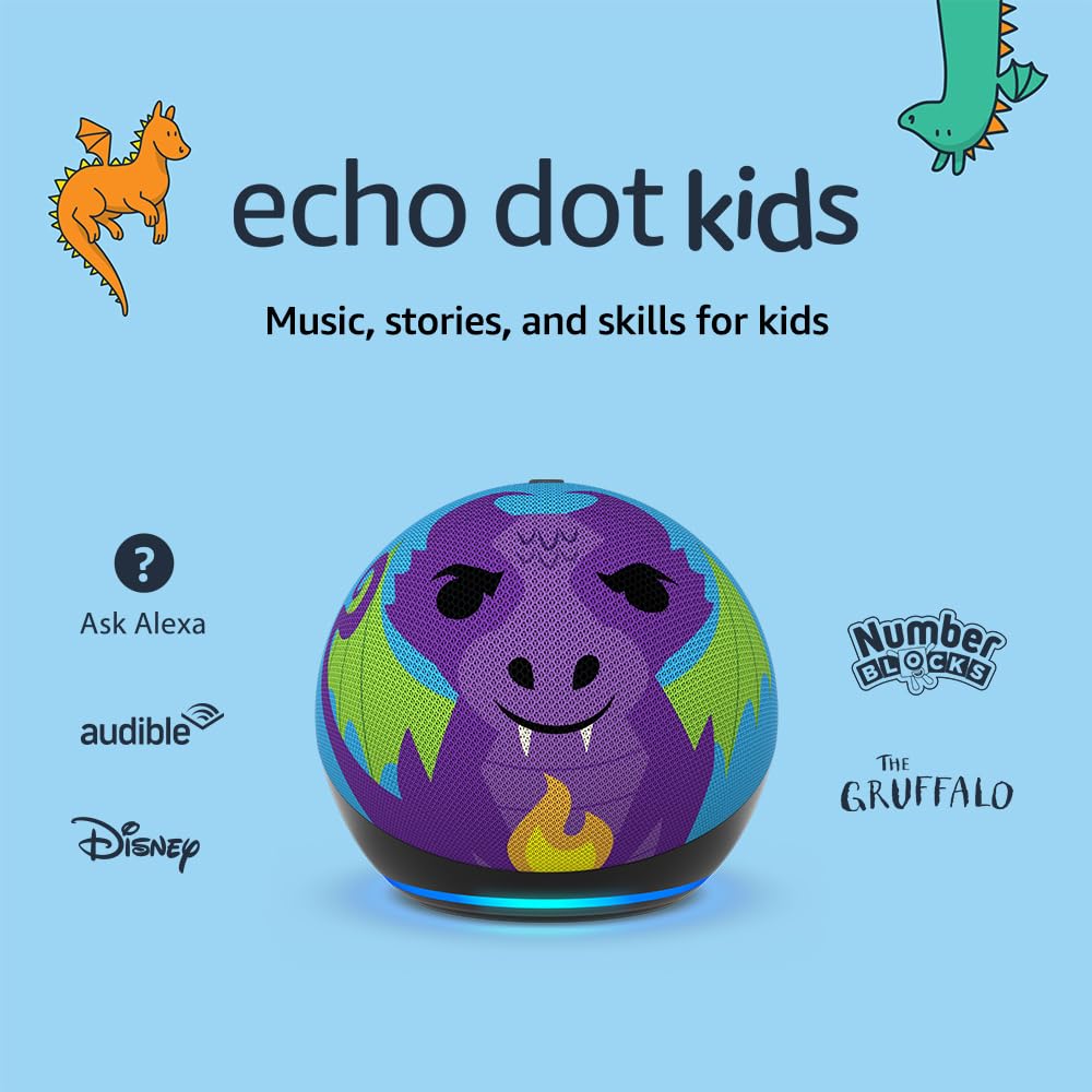 Echo Dot Kids (5th Gen) - Wi-Fi & Bluetooth Smart Speaker with Alexa, 1-Year Amazon Kids+ Subscription - Dragon Design | Fun Learning & Entertainment for Kids