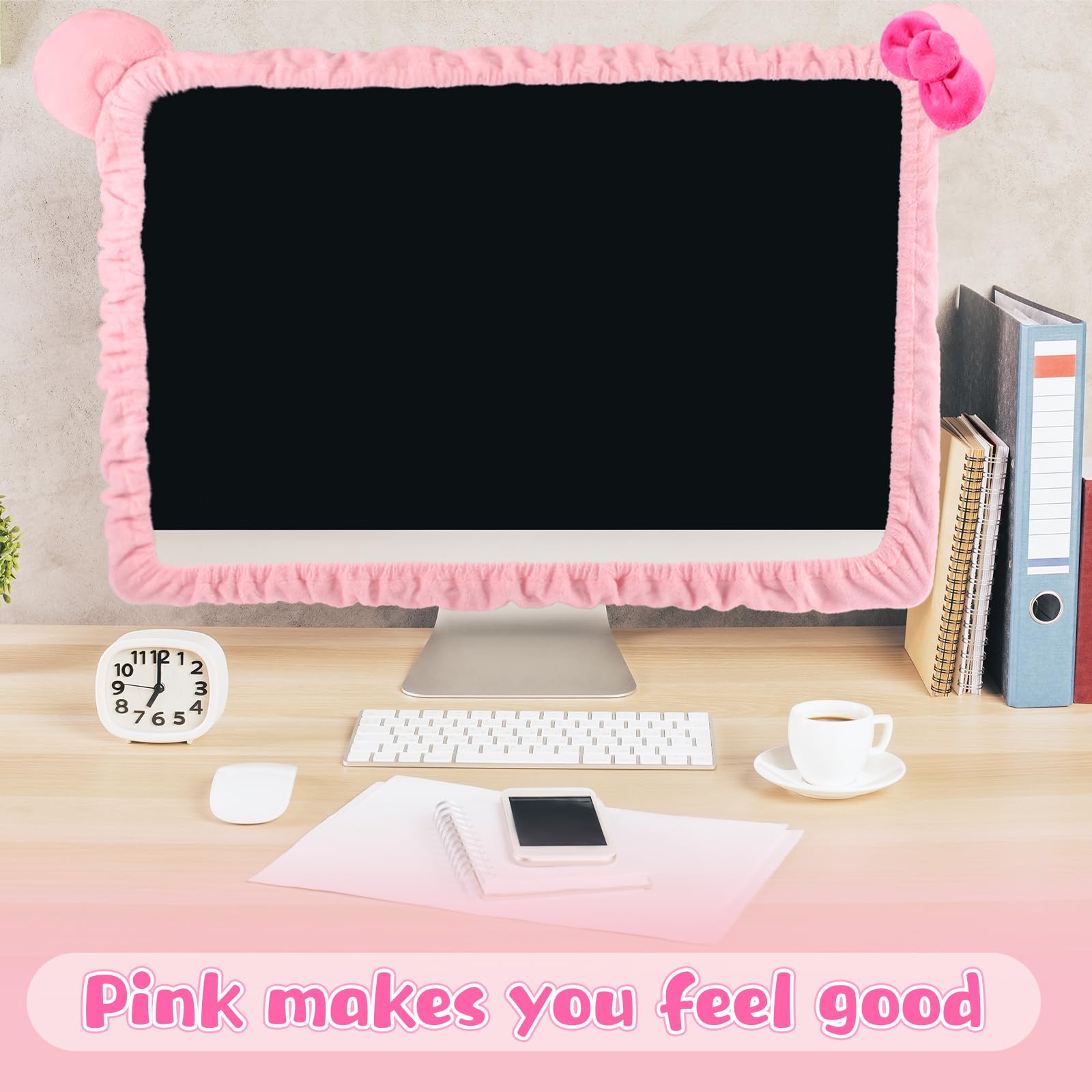 20''-29'' Kawaii Cat Ear Furry Pink Monitor Cover - Dust Protector for Computer, Laptop, TV, LCD Screen, Tablet - Cute Home & Office Decoration