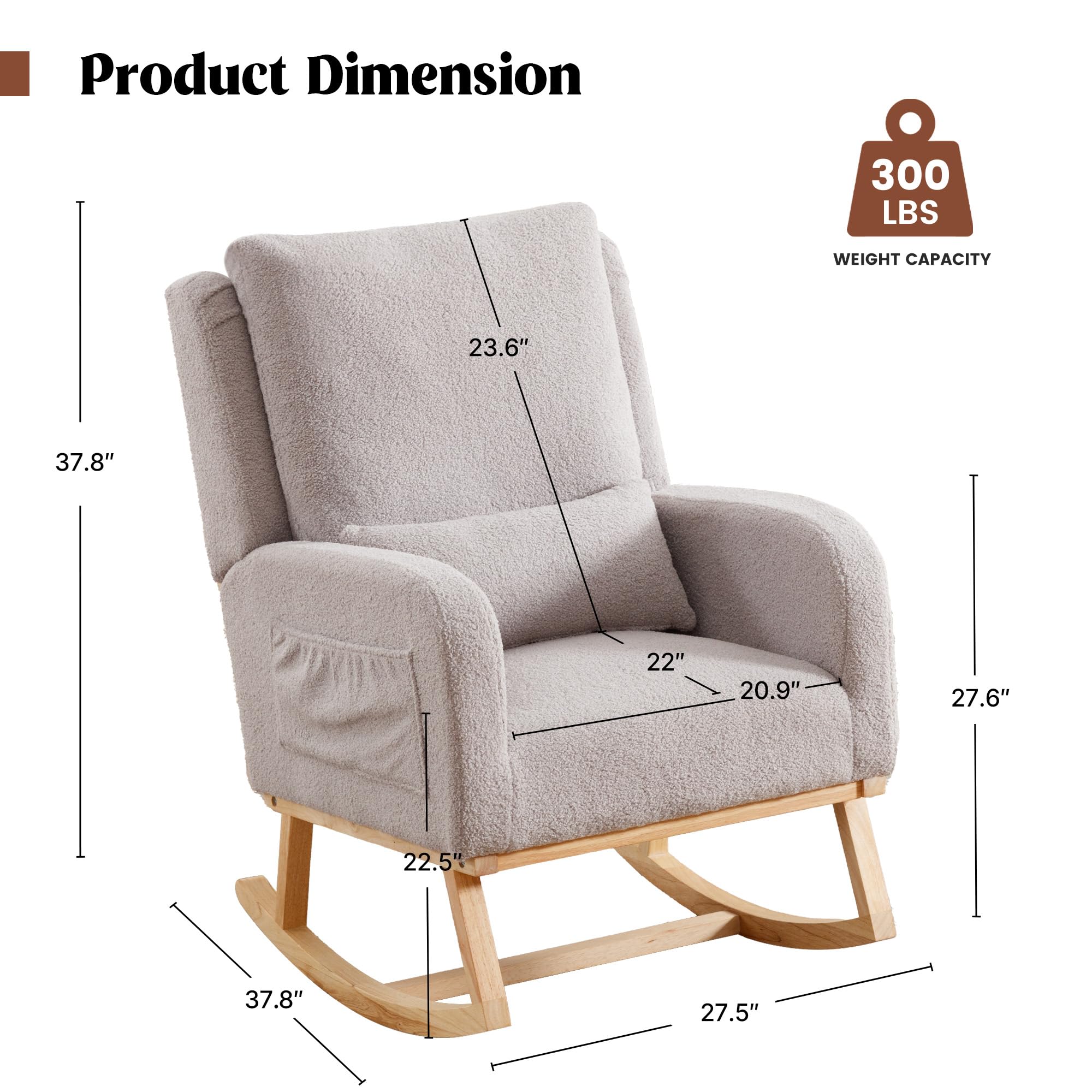 Sherpa Nursing Rocking Chair - Modern Upholstered Nursery Glider Rocker with Pillow for Mom, Baby Nursery, Living Room & Bedroom - Soft Teddy Light Grey - Perfect for Breastfeeding, Relaxing & Nursery Decor