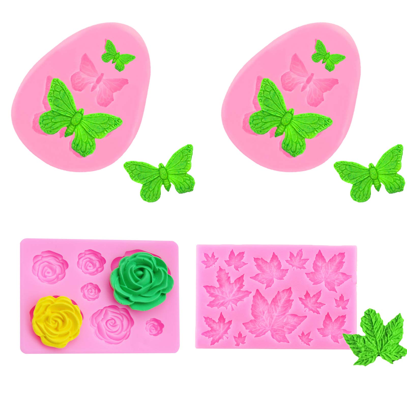 Valporia 4-Piece Silicone Chocolate Mold Set - Butterfly, Rose, Leaf Shapes for Baking, Candy Making, Gummy Treats & Fondant Decorations - Perfect for DIY Desserts, Party Favors & Holiday Gifts