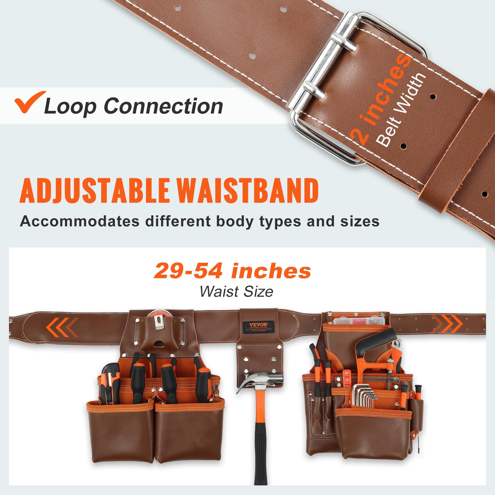 VEVOR Heavy Duty Leather Tool Belt with Suspenders - 19 Pockets Adjustable Waist 29-54 inches - Professional Carpenter Electrician Gardening Work Belt - Perfect for Construction, Woodworking & Outdoor Projects (Brown)