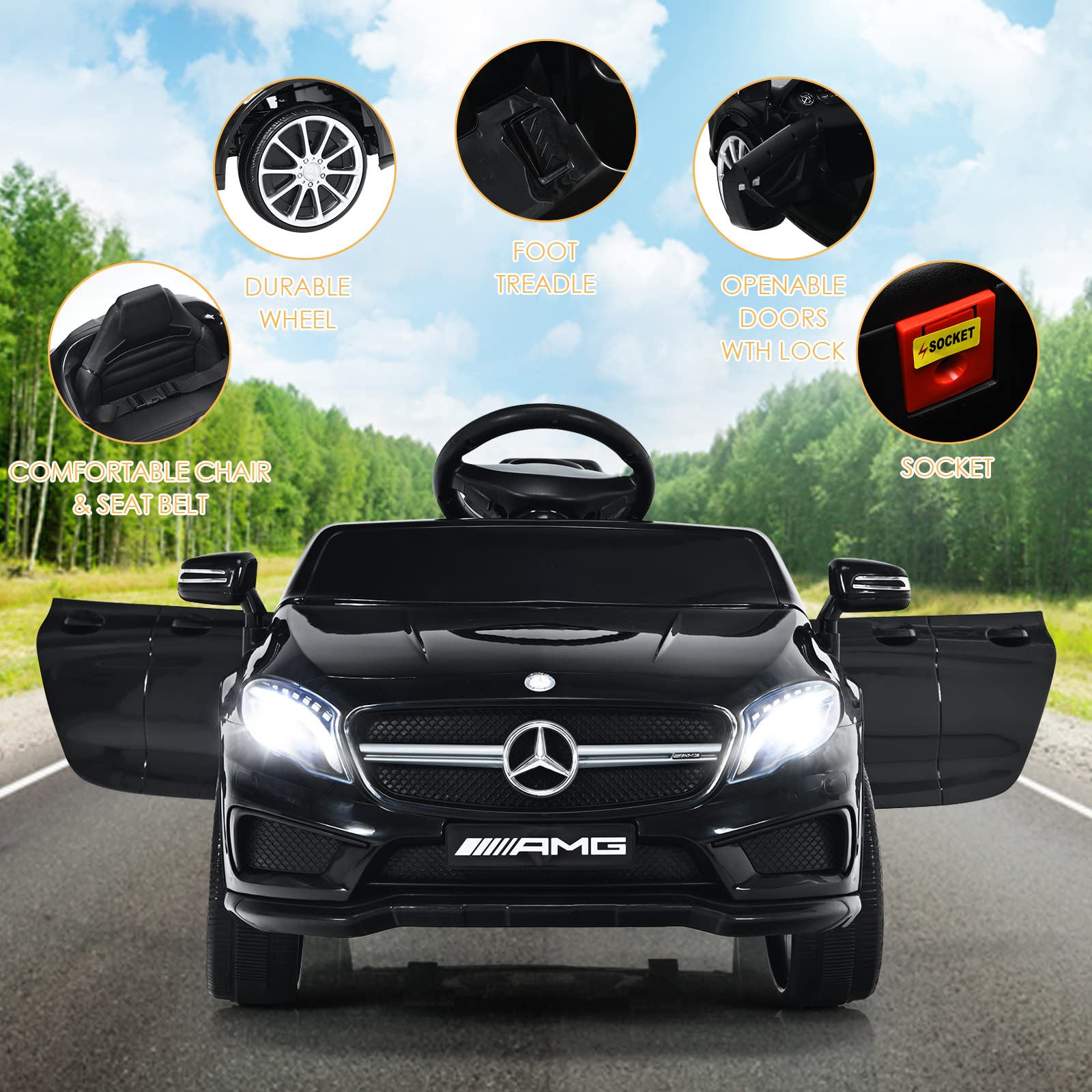 INFANS 12V Electric Kids Ride On Car - Licensed Mercedes Benz GLA45 Toy Vehicle with Parent Remote Control, MP3/USB Port, 2 Speed Modes & LED Lights - Battery Powered Toy Car for Toddlers & Children (Black) - Perfect for Birthday Gifts, Outdoor Play & Family Fun