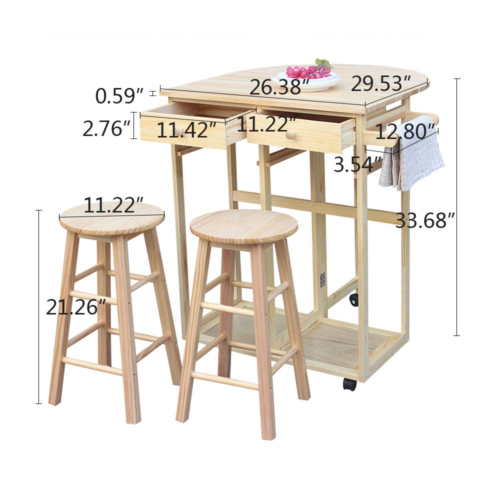 Portable Kitchen Island on Wheels with Folding Drop Leaf & 2 Drawers - Small Rolling Kitchen Table Set Includes 2 Square Stools (Natural Finish) - Perfect for Small Apartments, Breakfast Nooks & Mobile Cooking Stations