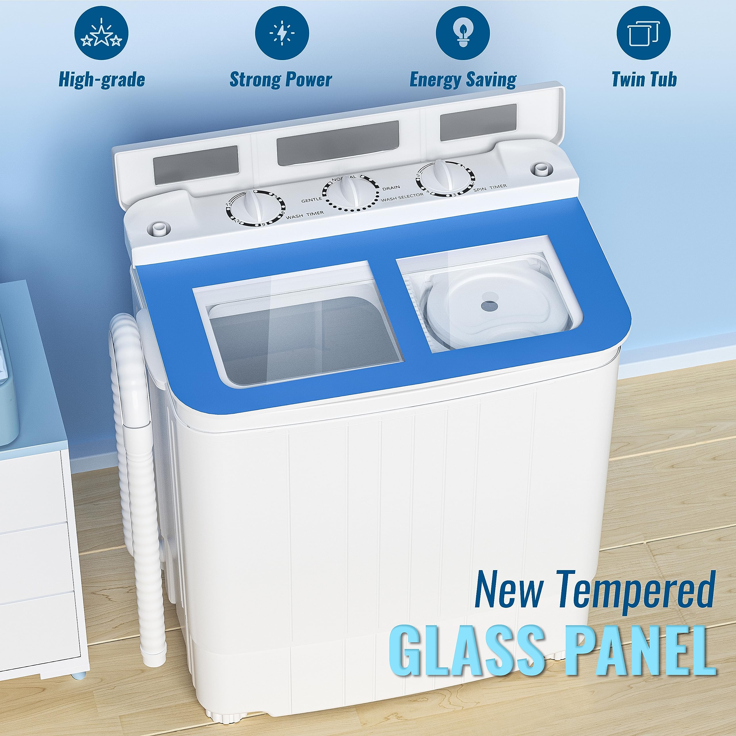 INTERGREAT Portable Washer and Dryer Combo - 17.6 lbs Mini Twin Tub Washing Machine with Spin Dryer | Compact Laundry Solution for Apartments, Dorms, RVs & Camping | Perfect for Small Spaces & Travel (Blue)