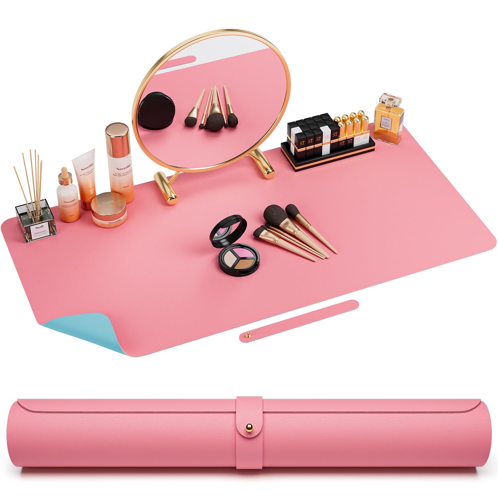 **Noverlife Large Waterproof Makeup Mat - Dual-Sided Vanity Protector & Nail Art Table Mat (31.5x15.7in) - Oilproof Leather Desk Pad for Beauty Essentials, Blue & Pink - Perfect for Dressing Tables, Salon Stations & Crafting**