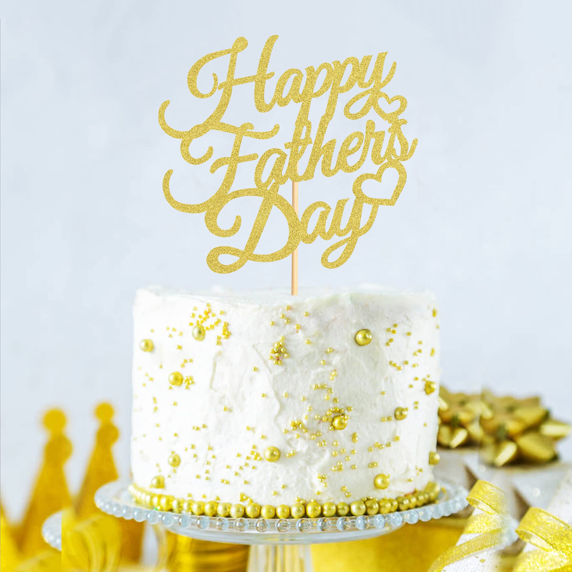6 Pcs Gold Glitter Happy Father's Day Cake Toppers - Decorative Party Cake Decorations with Gold Letter Heart Design - Perfect for Father's Day Celebrations, Birthday Parties & Special Occasions