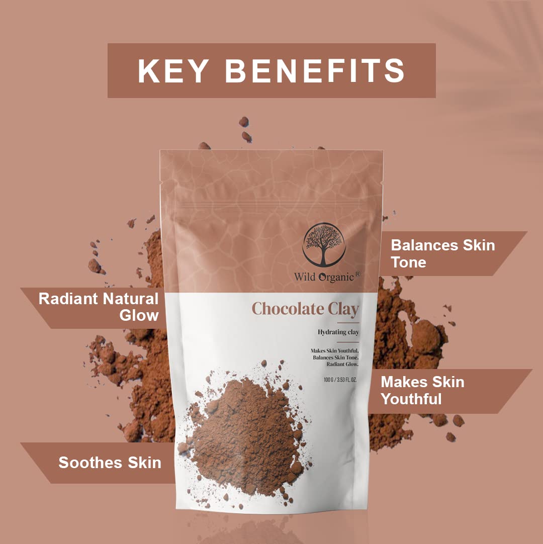 Organic Wild Chocolate Clay Powder - 100g Hydrating & Detoxifying Mask for Skin & Hair - Radiant Glow, Balances Skin Tone, Anti-Aging - Perfect for Spa Day & Self-Care Routine