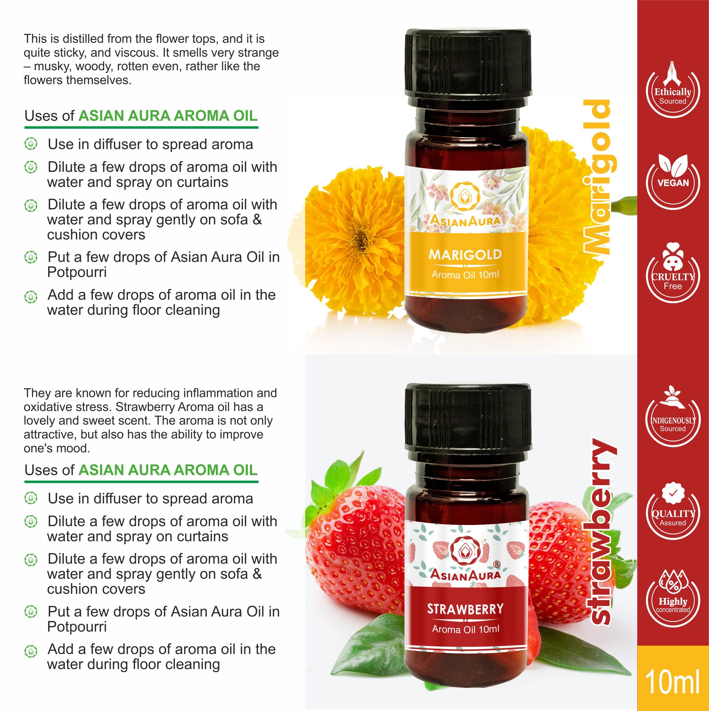 Premium Asian Aroma Essential Oil Set - 6 Pack (10ml Each) for Candle Warmers & Electric Diffusers | Marigold, Mogra, Sandalwood, Green Apple, Vanilla, Strawberry Scents | Home Fragrance Oil for Relaxation, Yoga & Aromatherapy