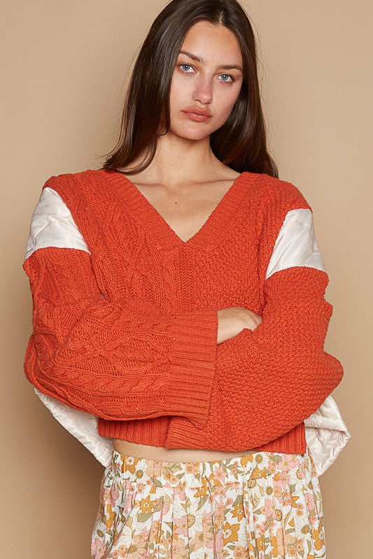 Stylish POL Cable Knit Quilting Patch V-Neck Contrast Sweater for Women | Cozy Winter Pullover | Perfect for Office Wear, Casual Outings & Holiday Gatherings