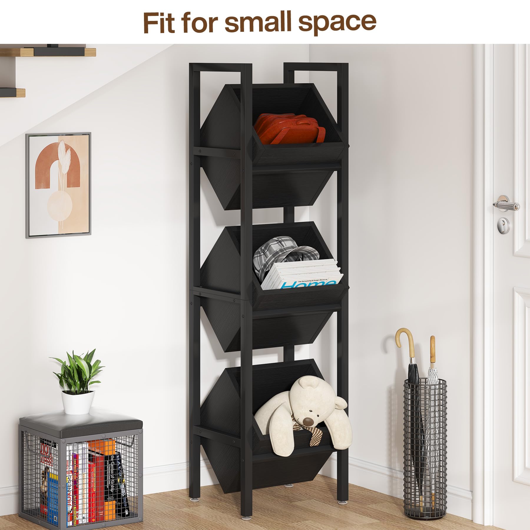 Tribesigns 3-Tier Wooden Basket Stand - Rustic Vertical Storage Organizer with Baskets for Kitchen, Bathroom & Living Room - Perfect for Fruits, Snacks, Towels & Home Decor (Black)
