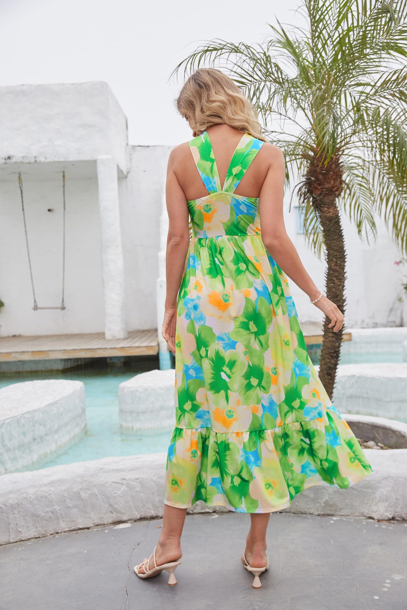 GRACE KARIN Women's Floral Print Criss Cross Halter Maxi Dress - Sleeveless A-Line Summer Beach Dress for Vacation, Wedding Guest & Outdoor Parties