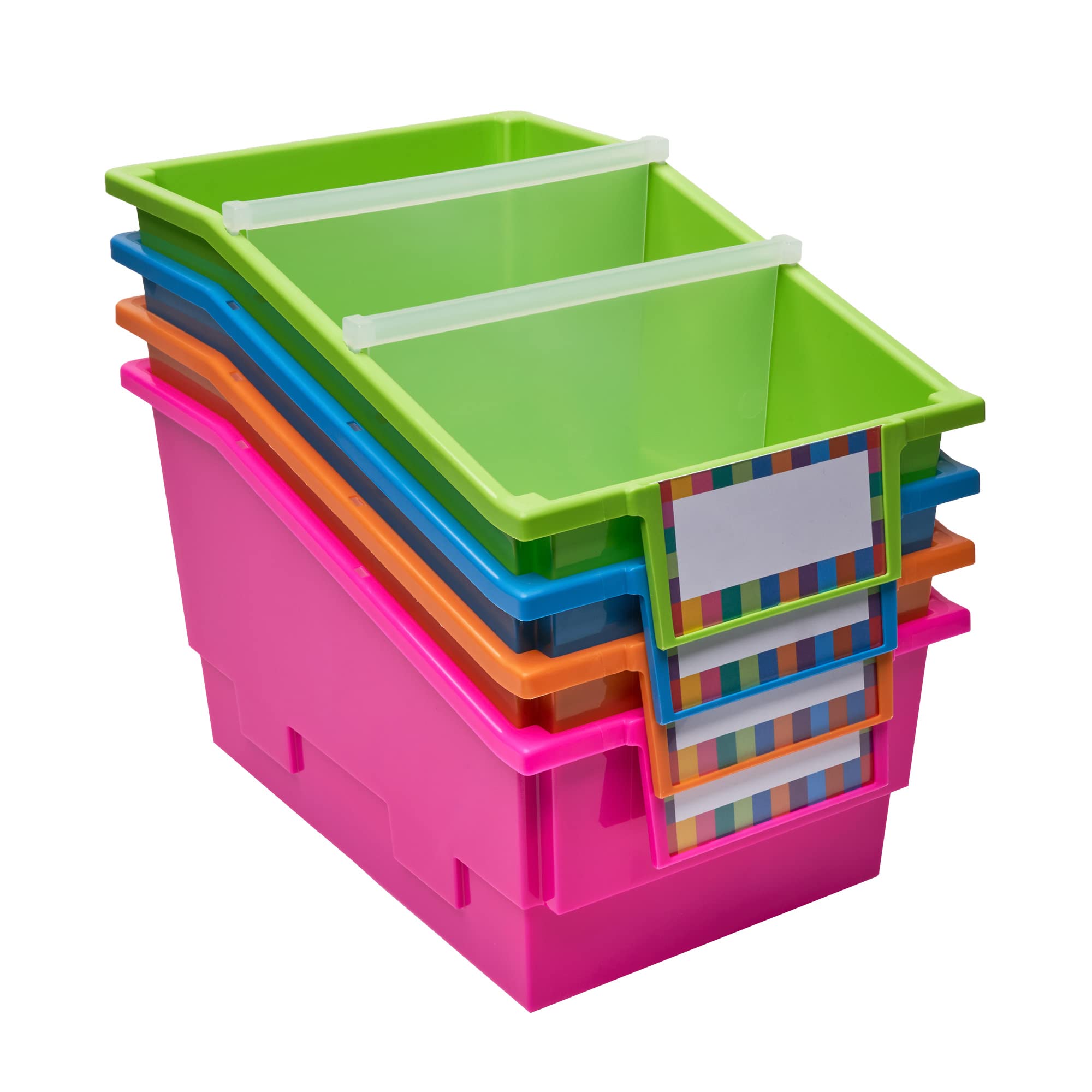Really Good Stuff Chapter Book Library Bins with Dividers - 4 Pack Neon Plastic Shelf Organizer (8.75