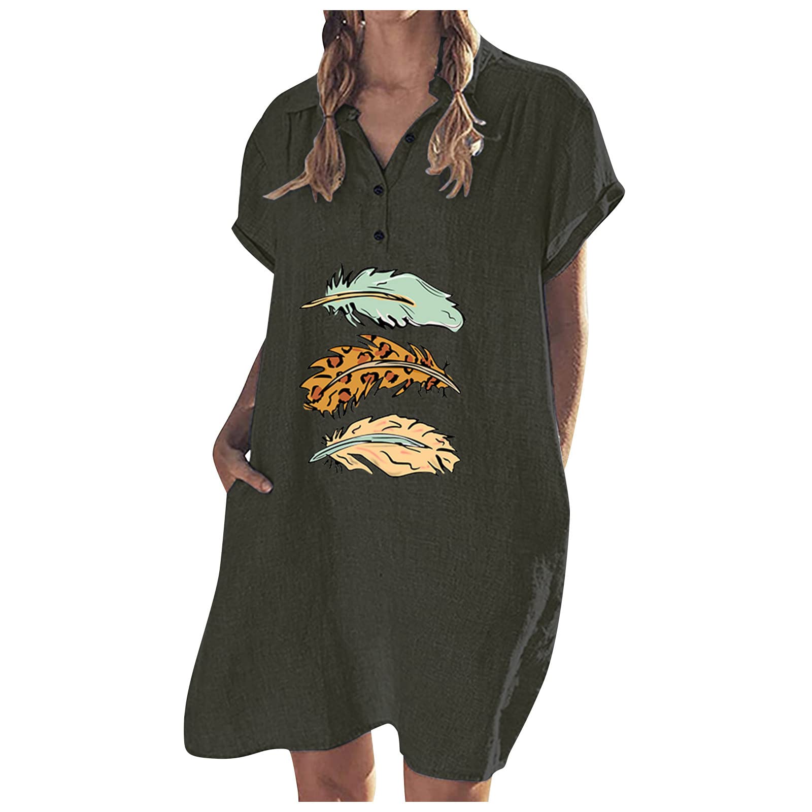 Funny Graphic Short Sleeve V-Neck Button Down Mini Dress for Women - Summer Casual Shirt Dress with Pockets | Perfect for Beach Outings, Picnics, and Weekend Brunch