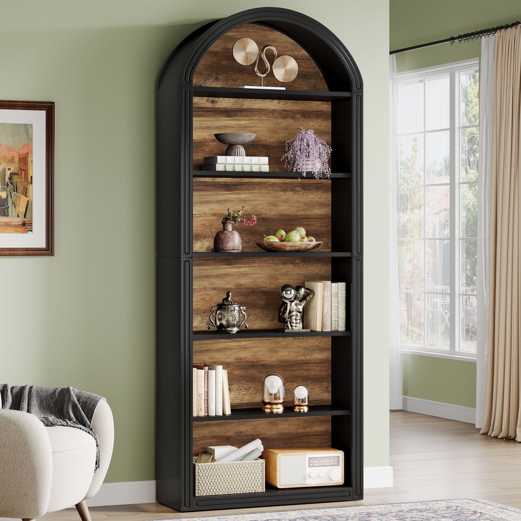 6/8 Tier Tall Wooden Bookshelf - Arched Bookcase Display Shelving Unit for Living Room, Office & Bedroom Storage & Organization