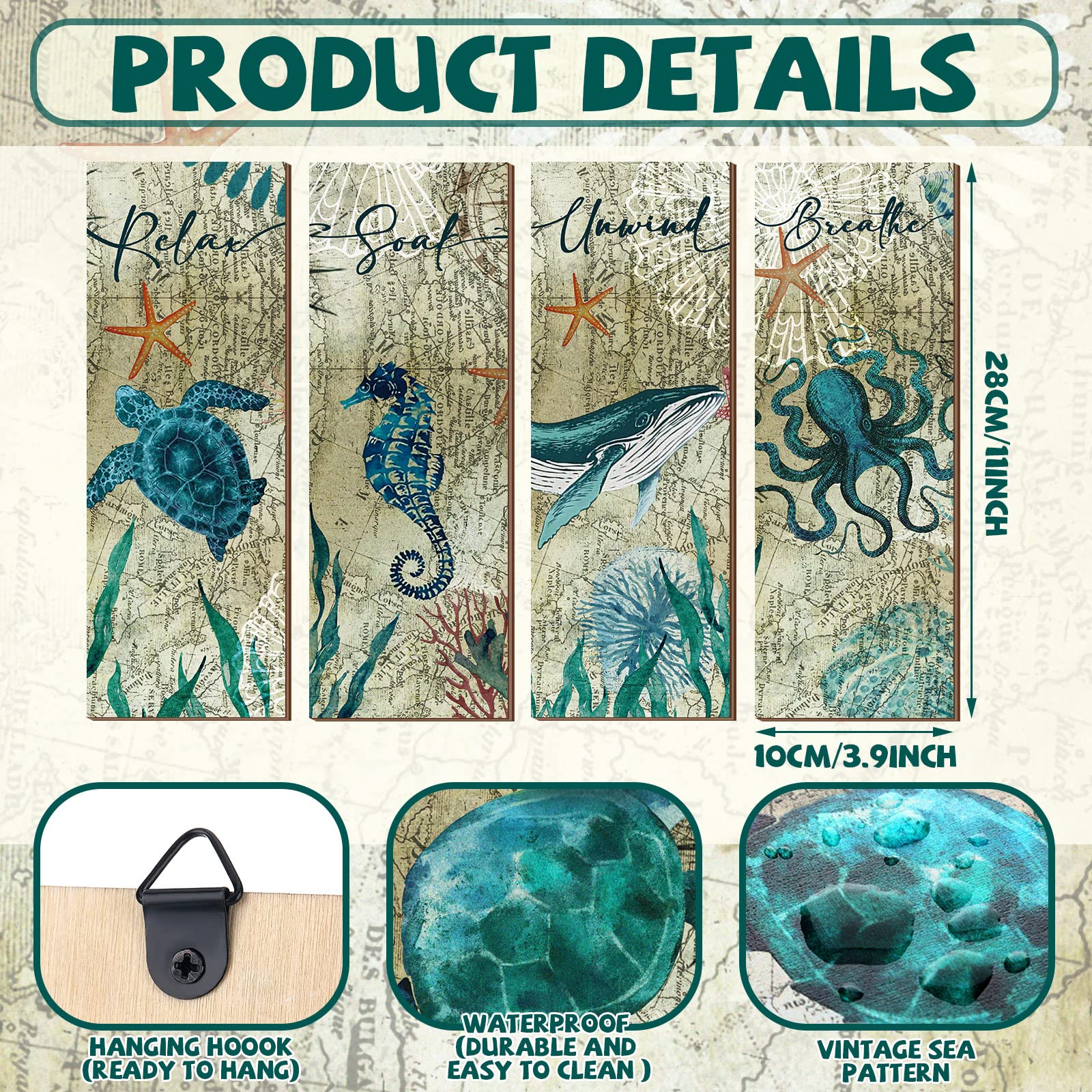 4-Piece Coastal Wall Art Set - Sea Turtle & Octopus Wooden Signs for Beach Bathroom Decor, Nautical Bedroom Pictures, Teal Kitchen Accessories | Perfect for Coastal, Ocean & Nautical Home Decor Themes