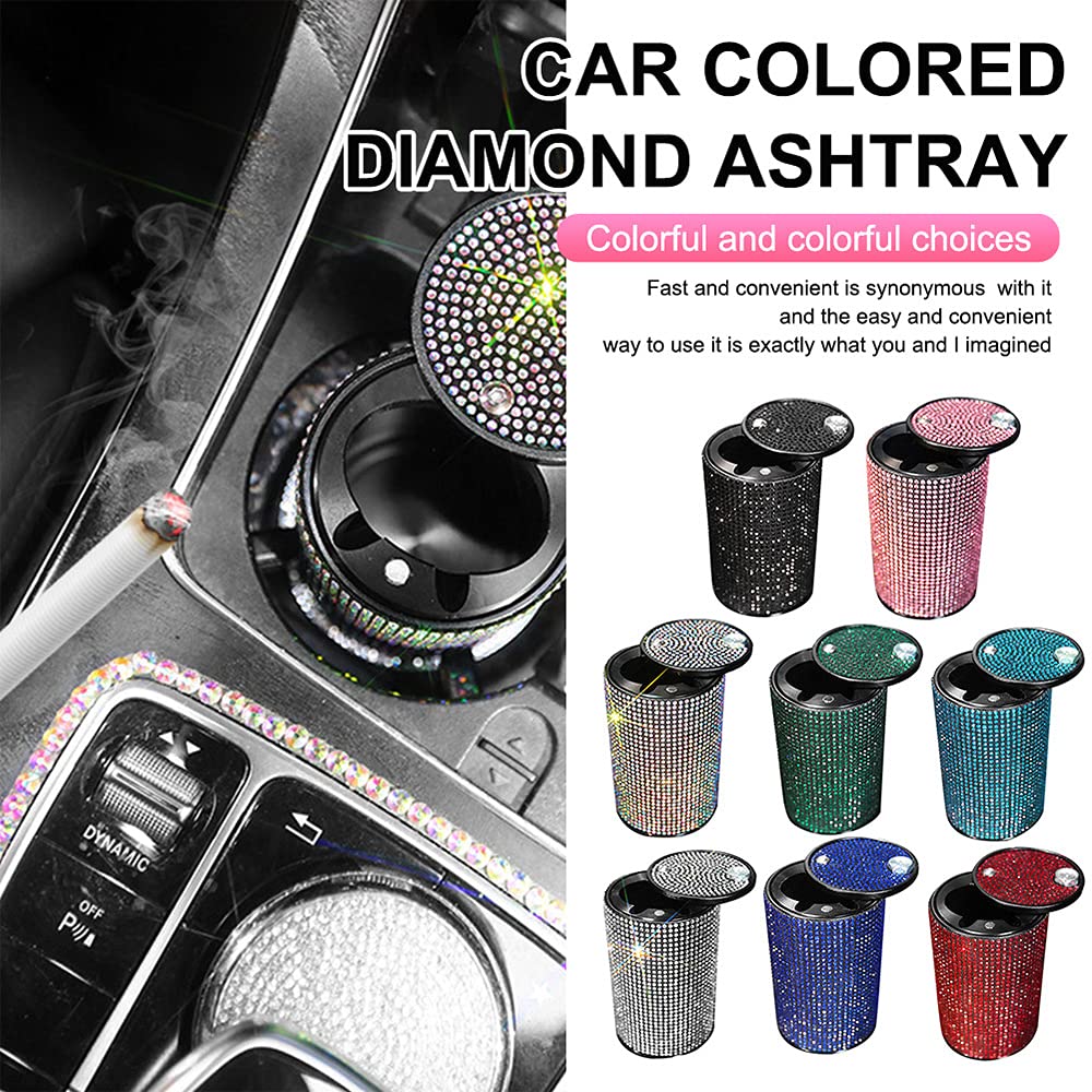 Portable Smell Proof Crystal Diamond Ashtray with Lid - Mini Car Trash Can for Women, Ideal for Car, Home, Office, and Outdoor Use (Black, A)