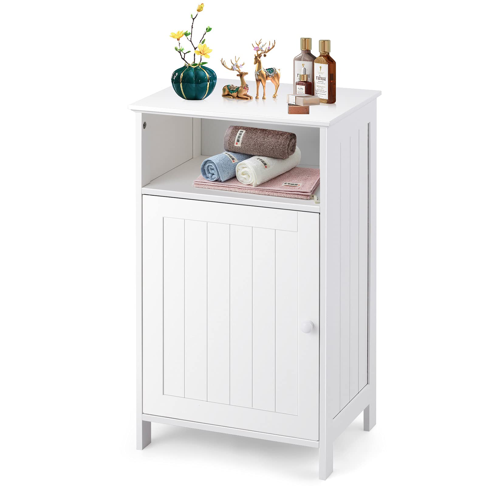 Tangkula White Freestanding Wooden Bathroom Floor Storage Cabinet with Adjustable Shelf - Single Door Side Cabinet for Hallway, Living Room, Bathroom & Bedroom Organization - Perfect for Small Space Storage & Home Decor