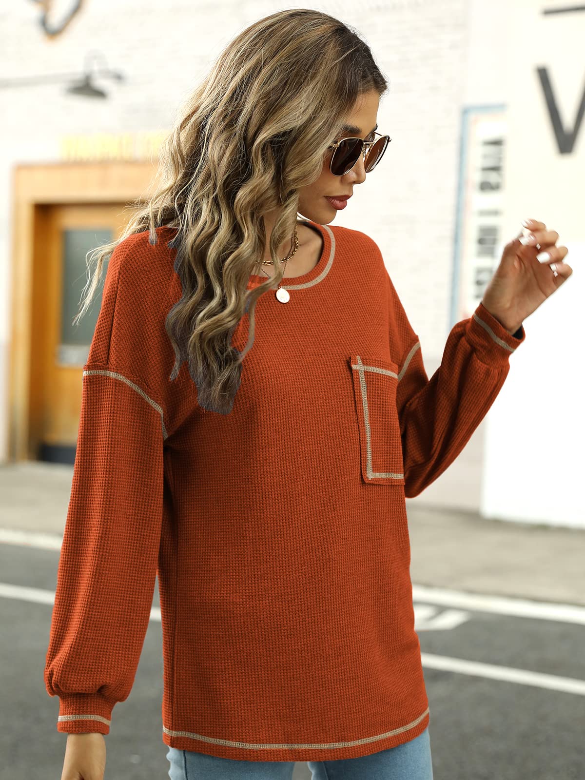 Locryz Women's Waffle Knit Tunic Top - Long Sleeve Loose Pullover Blouse with Drop Shoulder & Pocket | Casual Fall Winter Outfit, Layering Shirt for Work Office & Weekend Outings