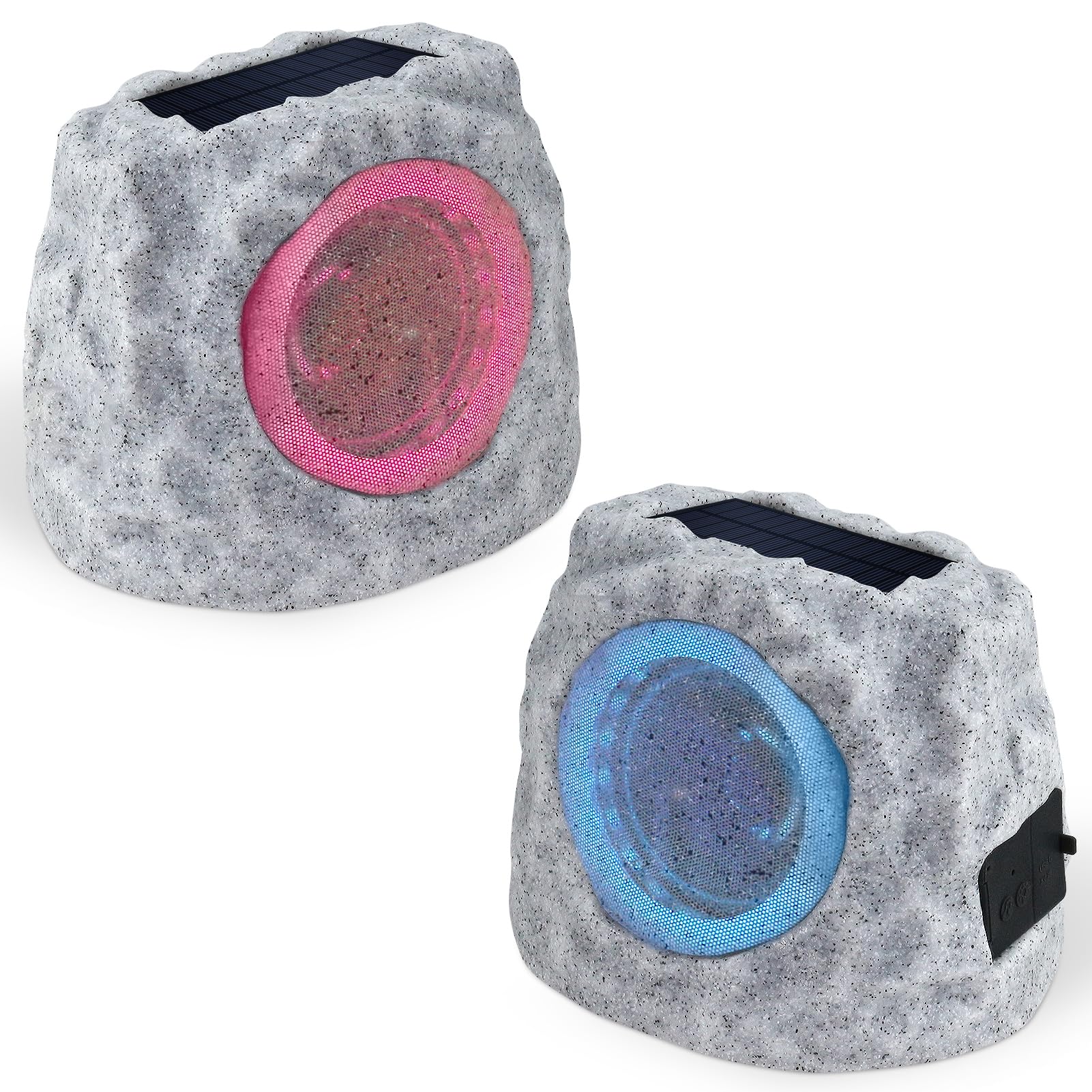 Outdoor Waterproof Bluetooth Rock Speakers - Solar Powered Wireless Pair with RGB Lights & USB Rechargeable Battery for Patio, Deck, Pool, Garden (2 Pack) | Perfect for Backyard Parties, Landscape Decor & Outdoor Entertainment