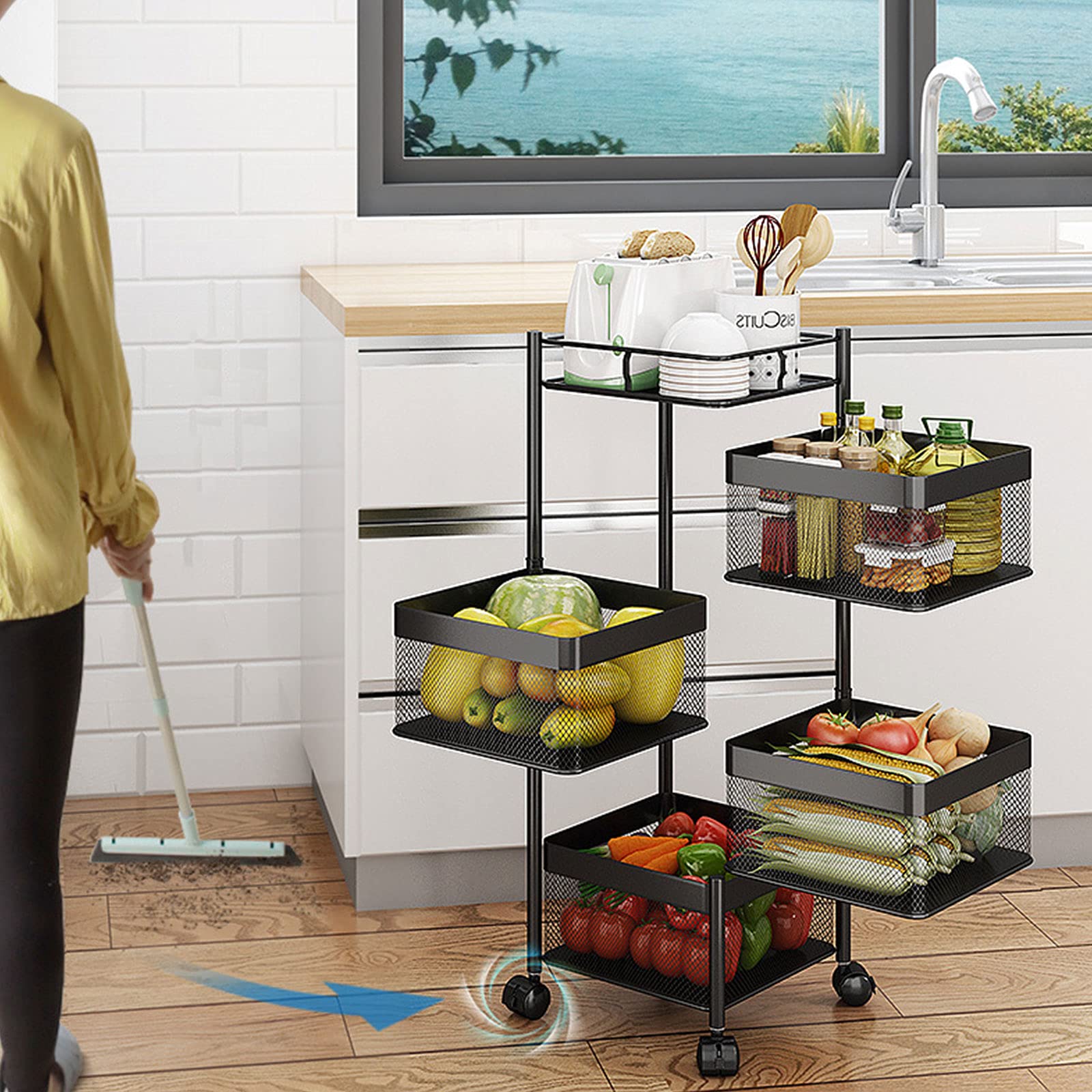 4-Tier Rotating Storage Cart with Lockable Wheels - Mobile Utility Organizer for Kitchen, Living Room, Bathroom - Black (Large) | Perfect for Spice Storage, Bathroom Essentials & Living Room Organization