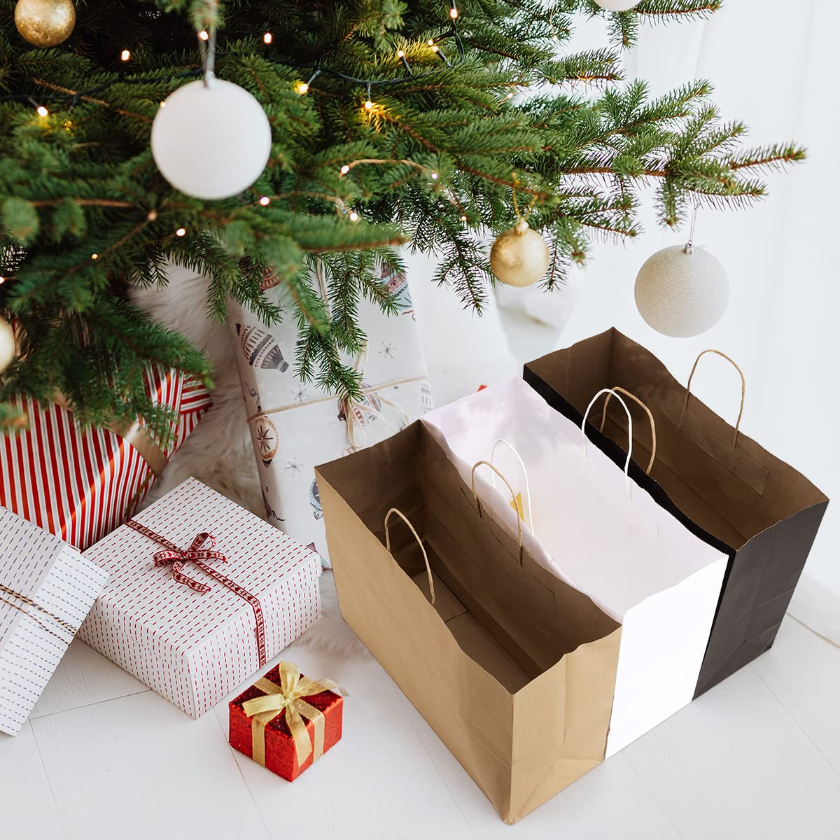 50 PCS Bulk 16x6x12 Kraft Paper Bags with Handles - Large Black Shopping Bags, Gift Bags & Tote Bags for Retail, Grocery, Small Business | Perfect for Merchandise Packaging, Party Favors & Eco-Friendly Shopping