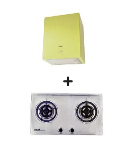 Ellane EH 2800 45cm Stainless Steel Range Hood with Glass Cover - Apple Green | Ellane EB 228SV 75cm 2-Burner Stainless Steel Gas Cooktop | Modern Kitchen Ventilation & Cooking Solution for Home Chefs
