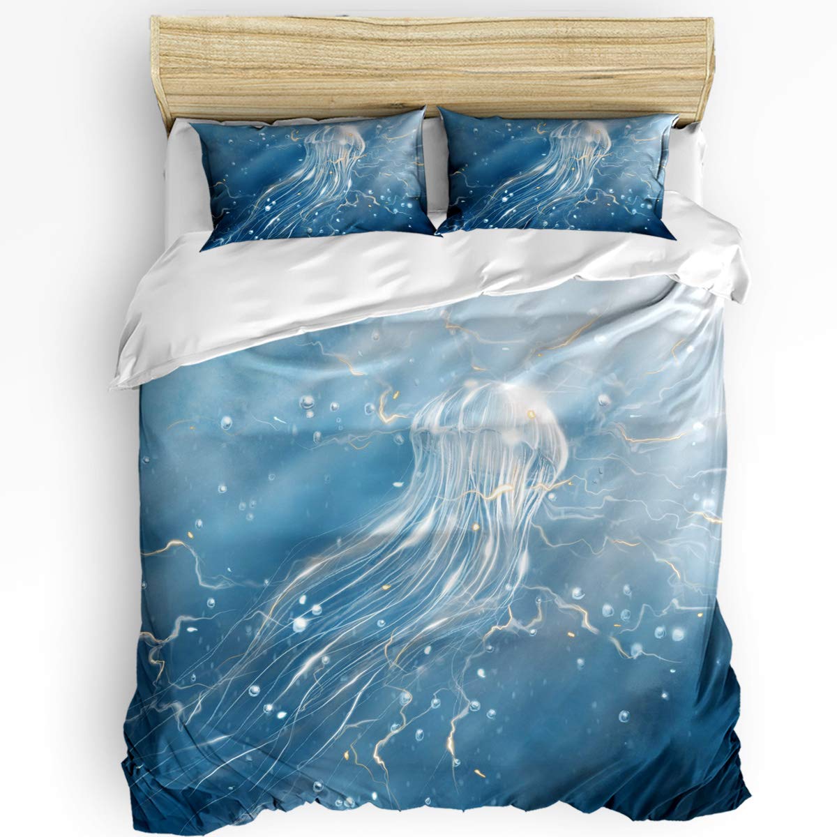Queen Size 3-Piece Duvet Cover Set with Glowing Jellyfish Ocean Print - Soft Breathable Bedding with Zipper Closure & 2 Pillow Shams (Comforter Not Included) | Underwater Theme Bedroom Decor for Kids & Adults