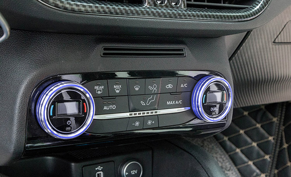 Blue Aluminum AC Climate Control & Audio Volume Knob Rings for Ford Escape 2020 & Newer - Upgrade Interior Accessories for Enhanced Driving Comfort