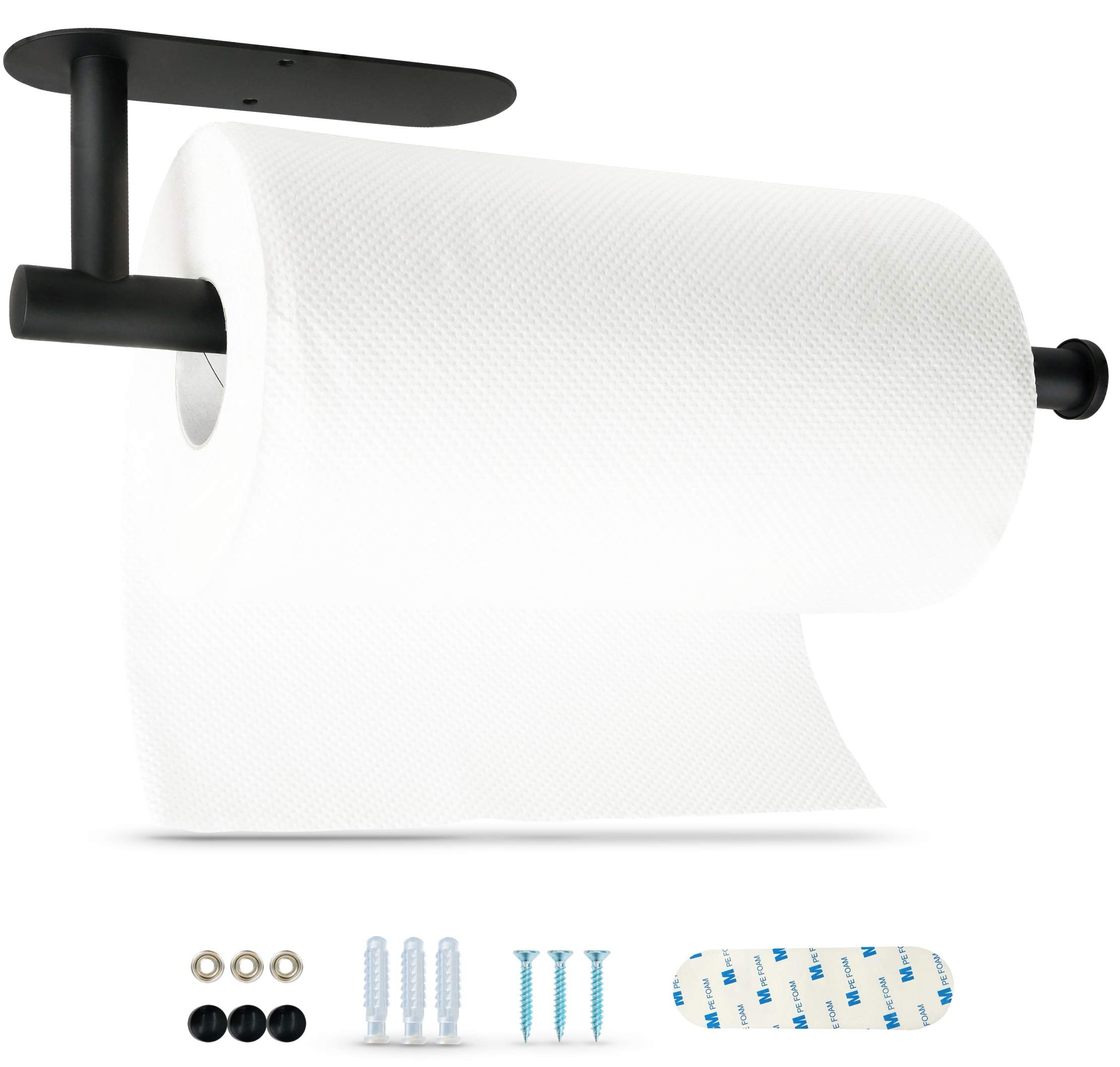 Stainless Steel Under Cabinet Paper Towel Holder - 304 Stainless Steel, Self-Adhesive or Screw Mounting, Space-Saving Paper Towel Rack for Kitchen, Bathroom, Toilet - Holds Large Paper Rolls (Black) - Perfect for Compact Spaces & Easy Access While Cooking or Cleaning