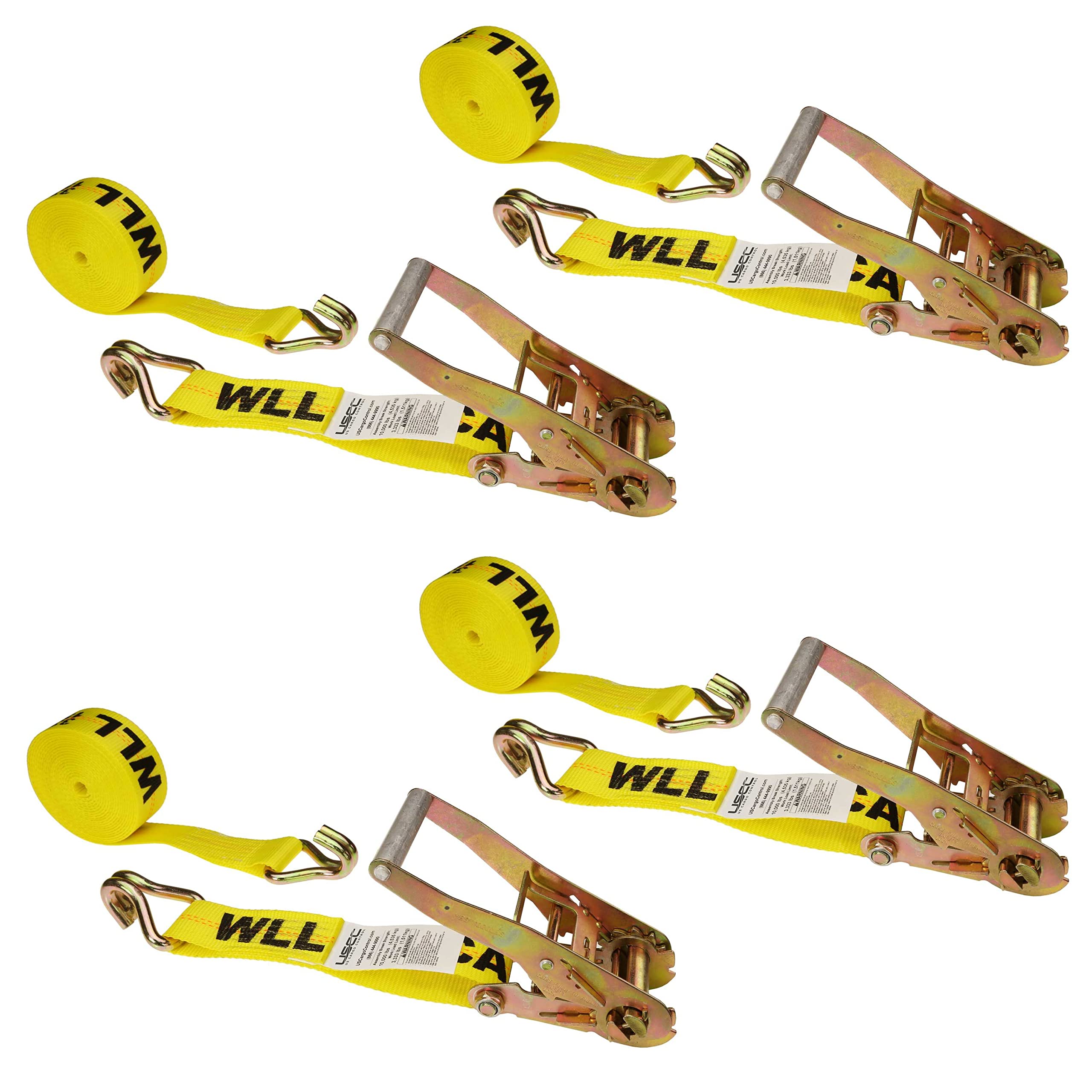2 Inch x 24 Foot Heavy Duty Ratchet Straps with Double J Hooks - 4 Pack Yellow Tie Down Straps for Truck, Trailer & Cargo Securing - US Cargo Control Wire Hook Ratchet Straps
