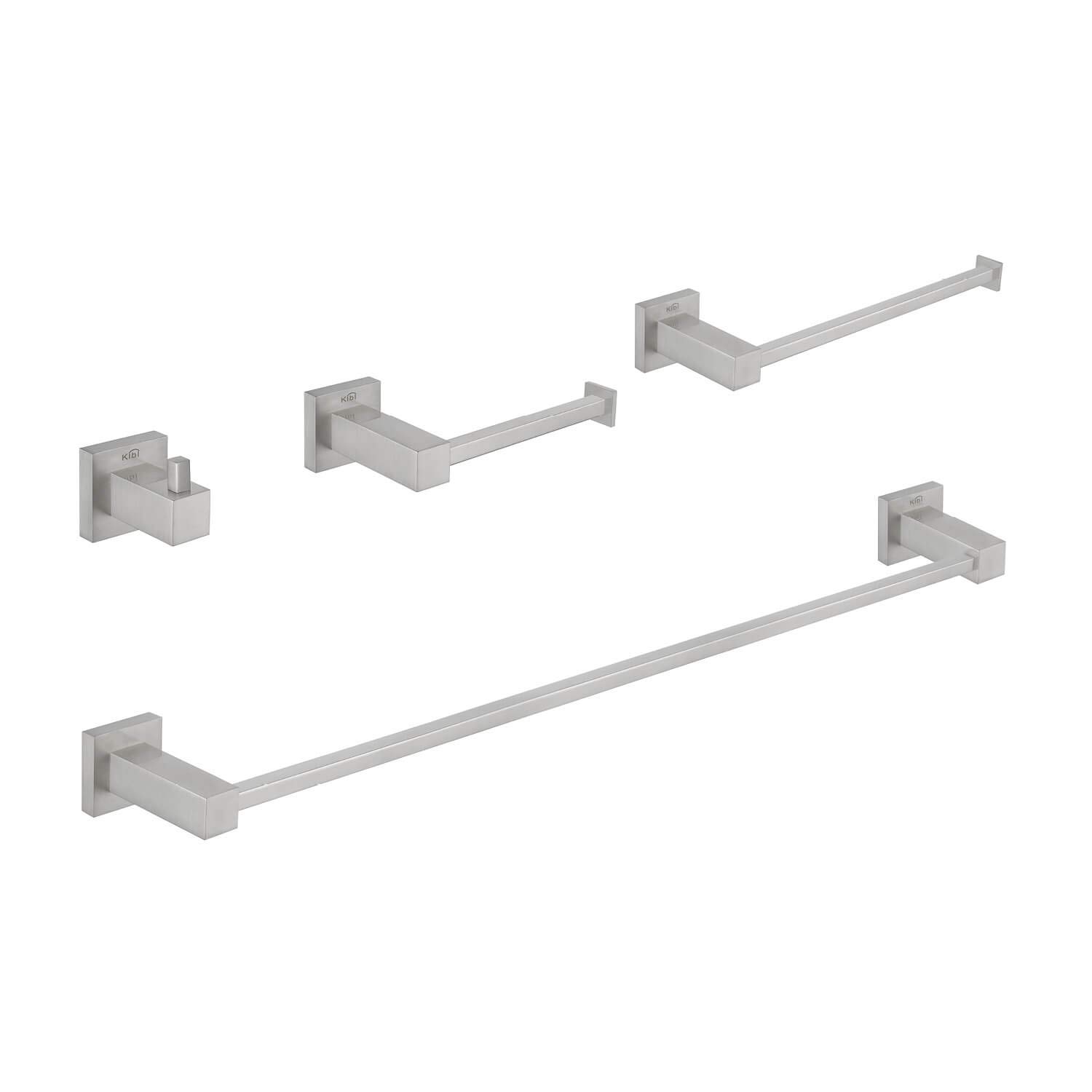 KIBI 4-Piece Bathroom Hardware Set - Solid Brass Towel Bar, Towel Ring, Toilet Paper Holder & Robe Hooks - Brushed Nickel Finish (C-KBA15-4) | Modern Bathroom Accessories for Home & Hotel Decor | Perfect for Powder Rooms, Master Baths & Spa-Style Retreats