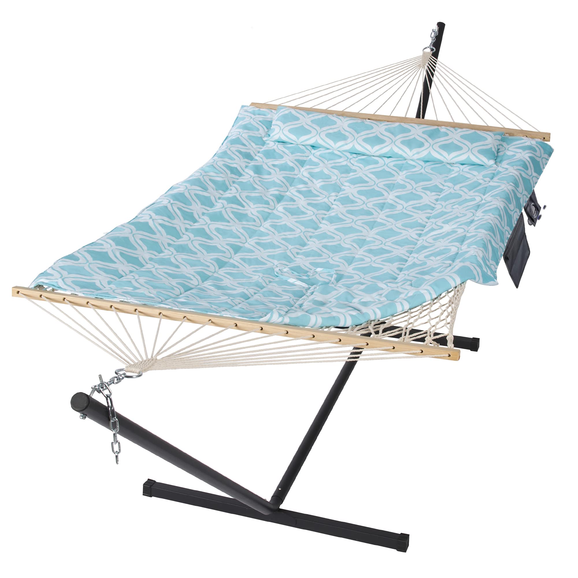 SUNCREAT Portable Double Hammock with Stand - Outdoor Patio Hammock in Green Pattern for Backyard, Garden & Beach Relaxation