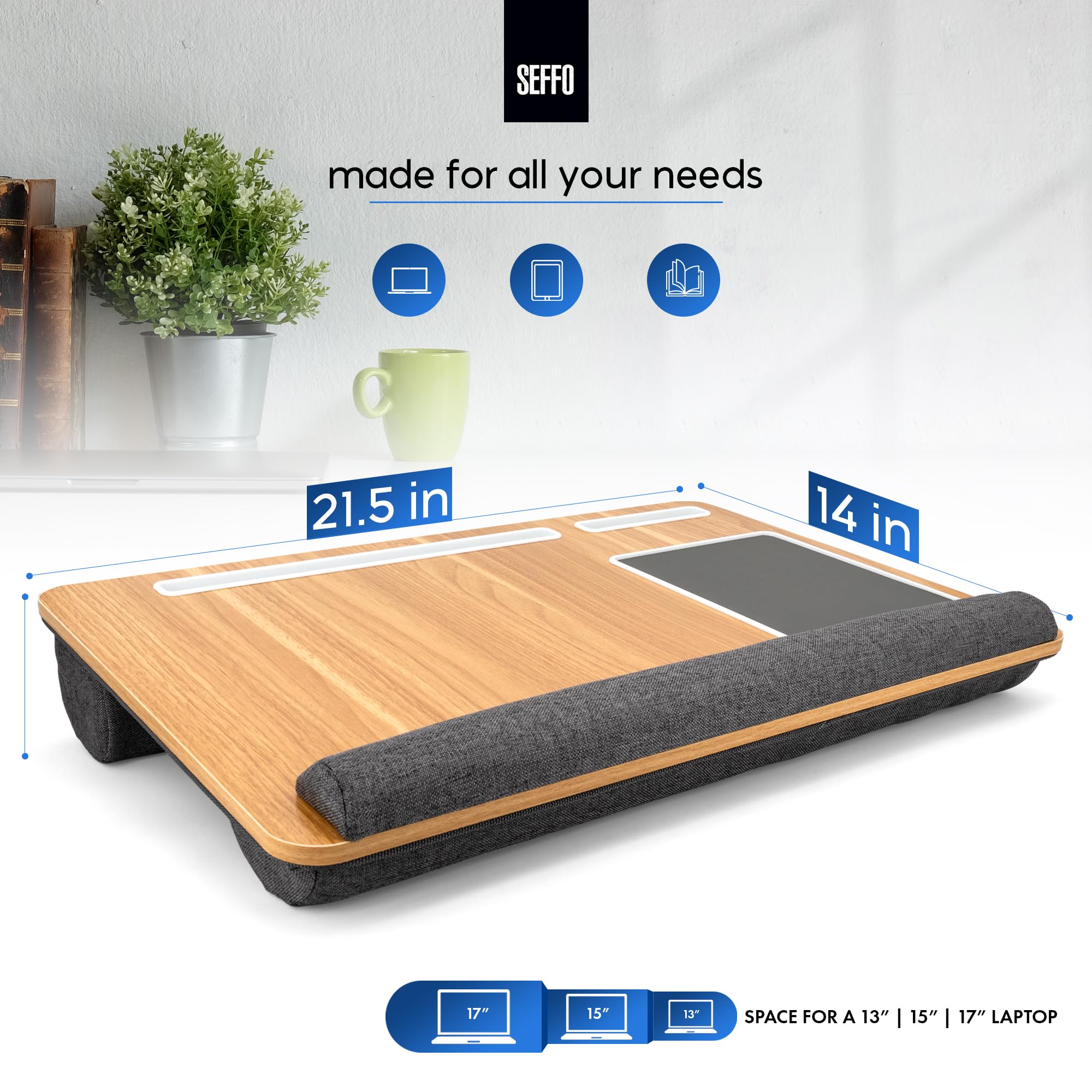 SEFFO Large Lap Desk with Cushion - Portable Laptop Tray Stand with Built-in Mouse Pad & Device Holder - Ergonomic Work Platform for Home Office, Gaming & Writing on Bed - Fits 17 Inch Laptops - Perfect for Remote Work, Online Classes & Cozy Workspaces