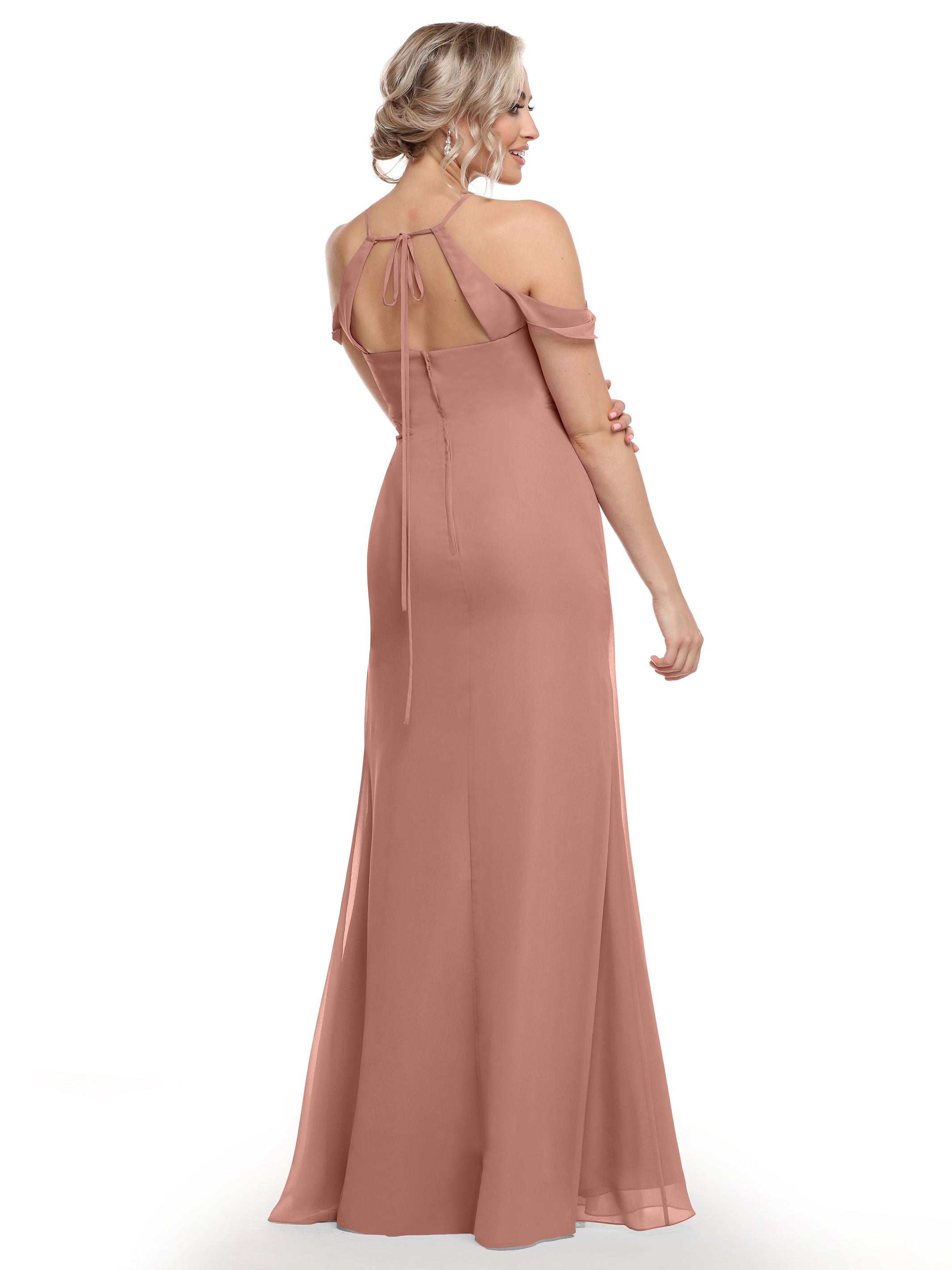 Elegant Off The Shoulder Chiffon Bridesmaid Dress with Halter Neckline - Perfect for Weddings, Formal Events & Special Occasions