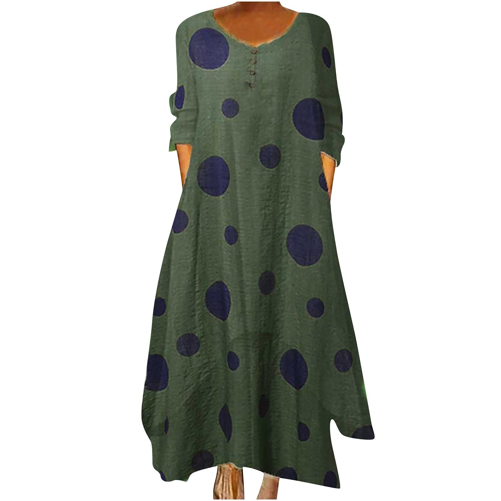 Anjikang Women's Cotton Linen Button-Down T-Shirt Dress - Casual Floral Print Crewneck Long Sleeve Maxi Dress for Spring Summer Outfits, Beach Cover Up, and Boho Chic Style