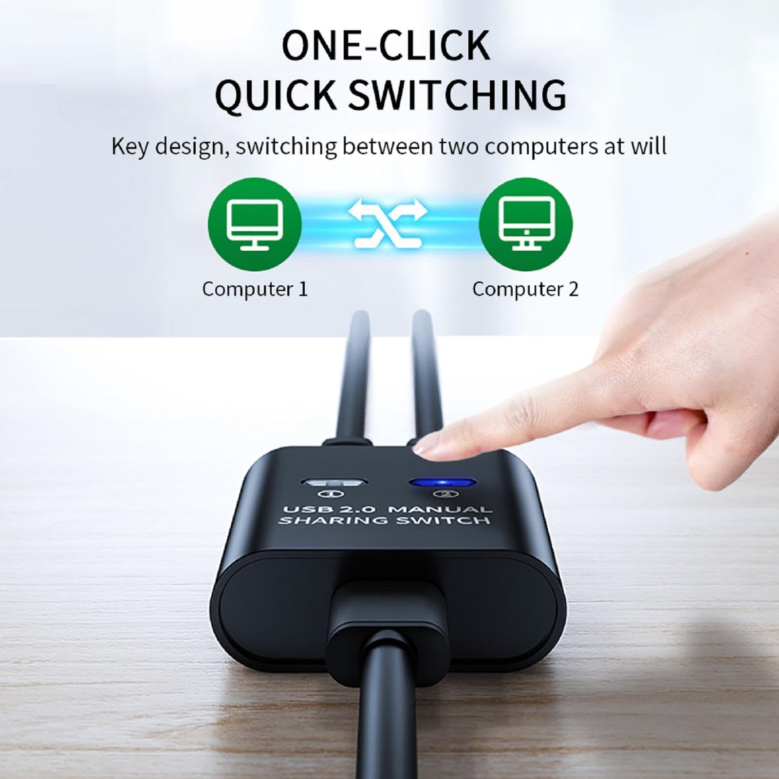 WANSUPYIN 2 Port USB 2.0 KVM Switch - 2 in 1 Out USB Switcher for PC, Laptop, Keyboard, Mouse, Printer & Scanner - Perfect for Home Office & Multi-Device Workspace Setup
