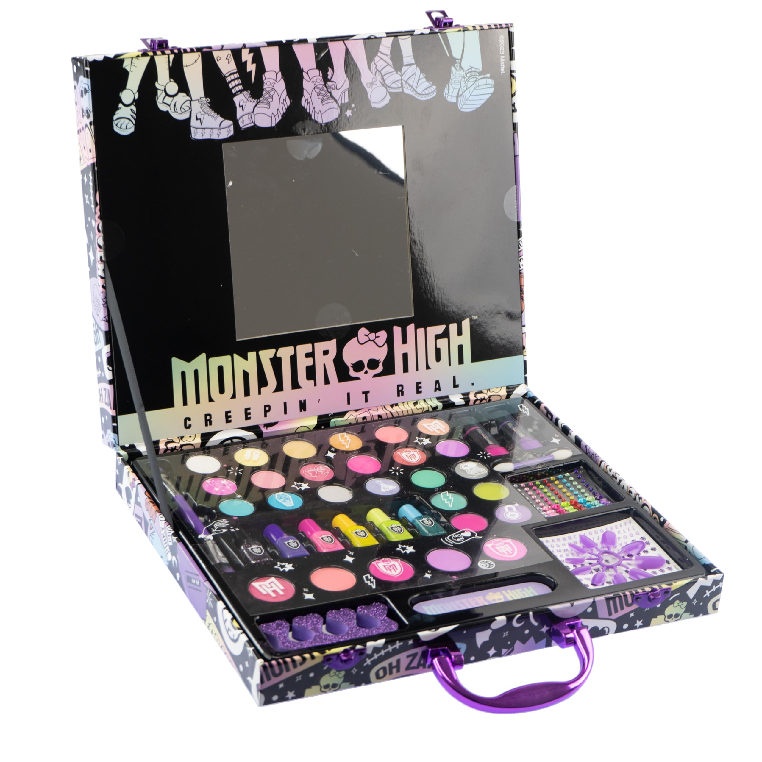 Monster High Makeup Case for Kids with Mirror, Eyeshadow, Nail Polish & Lip Gloss – Portable Cosmetic Organizer for Travel, Birthday Gifts & Pretend Play